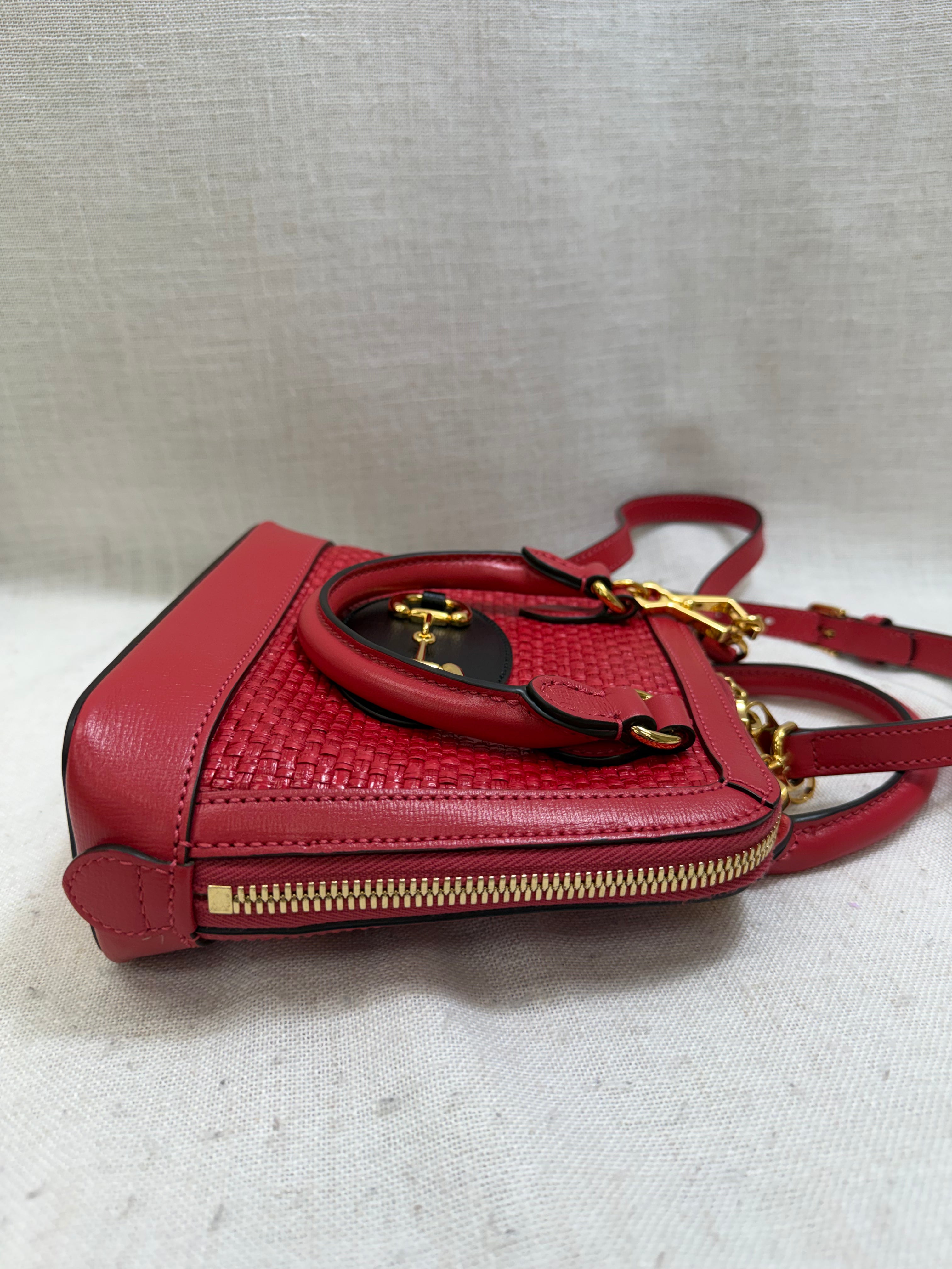LIKE NEW- Gucci Red Straw And Leather Horsebit 1955 Mini Top Handle Bag