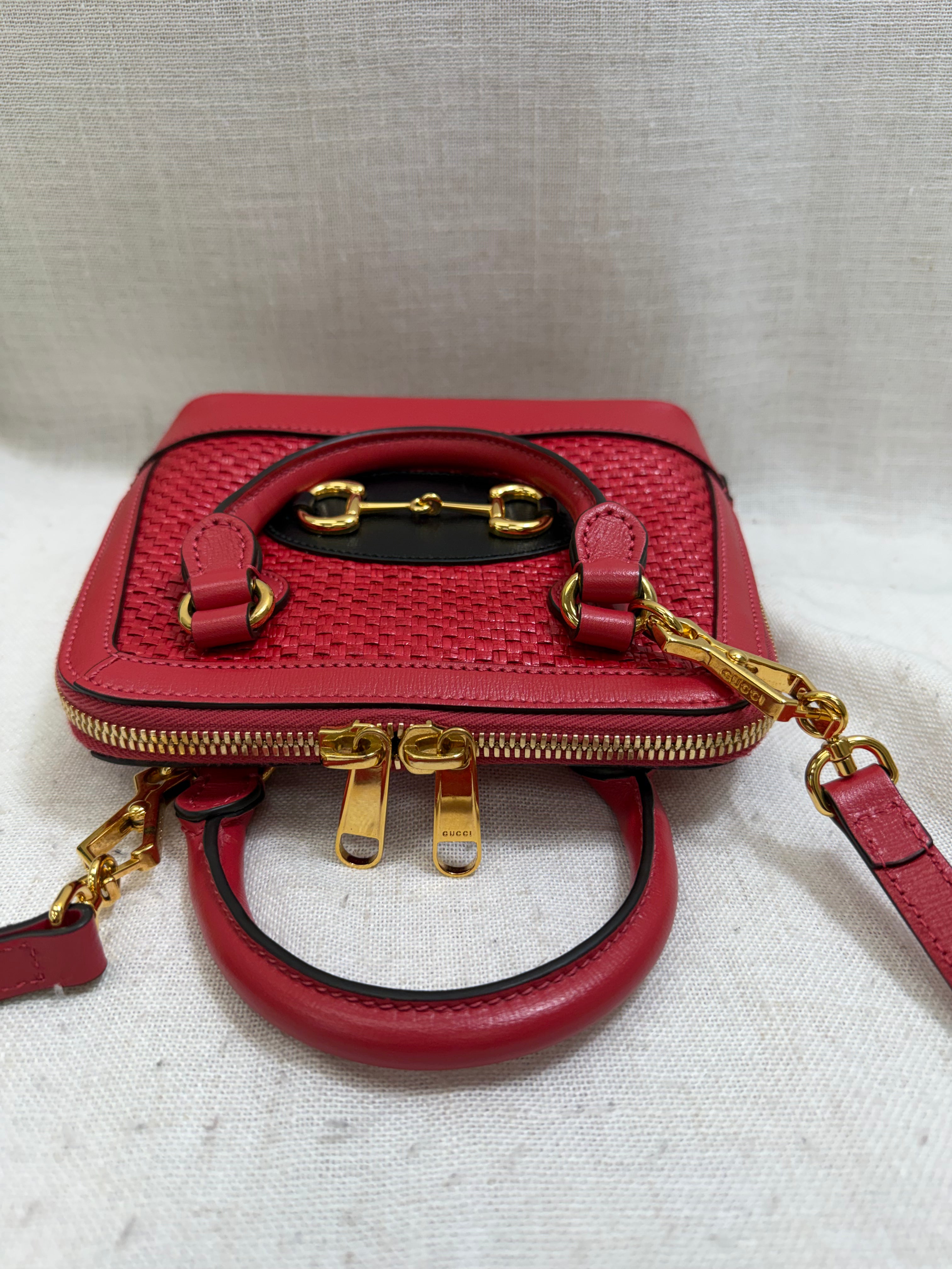 LIKE NEW- Gucci Red Straw And Leather Horsebit 1955 Mini Top Handle Bag