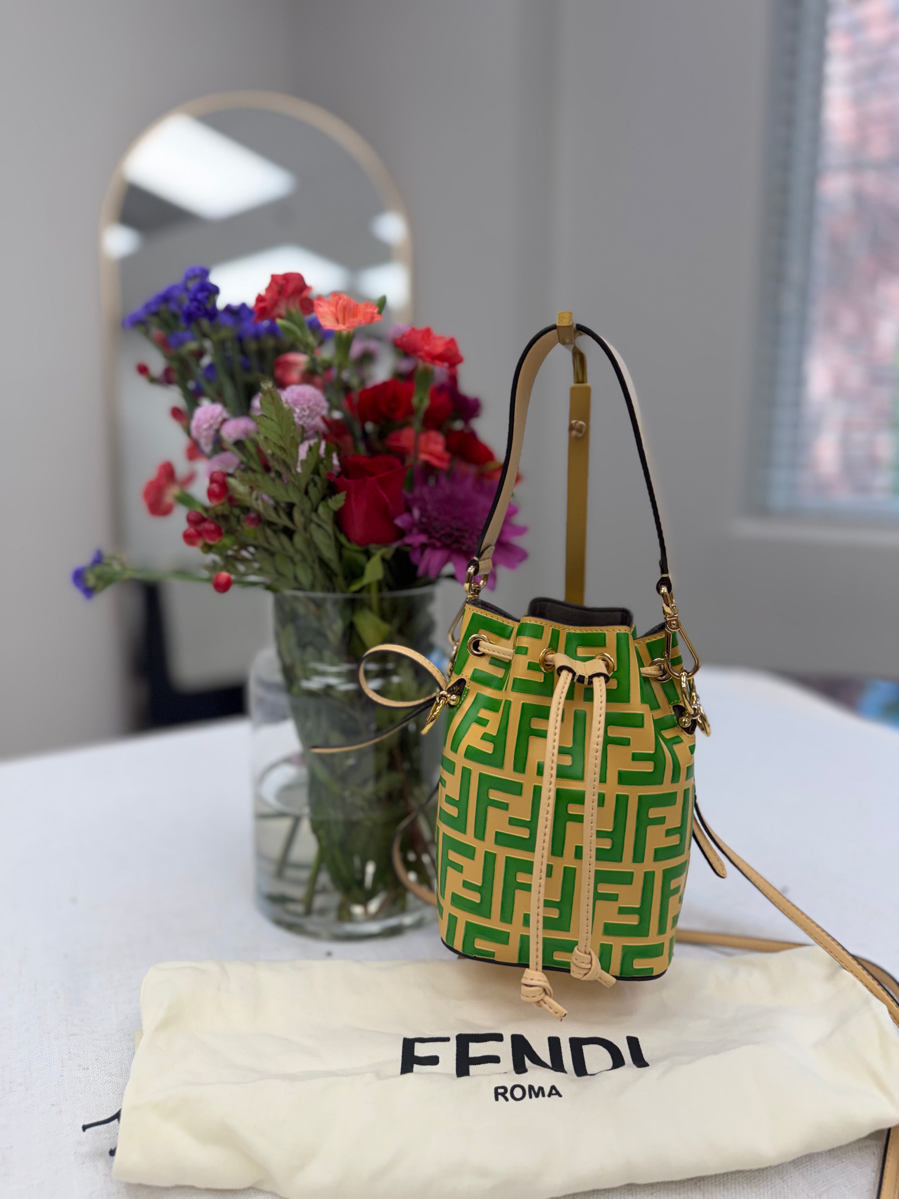 LIKE NEW - Fendi Beige Green Leather Mini Mon Tresor Bucket Bag