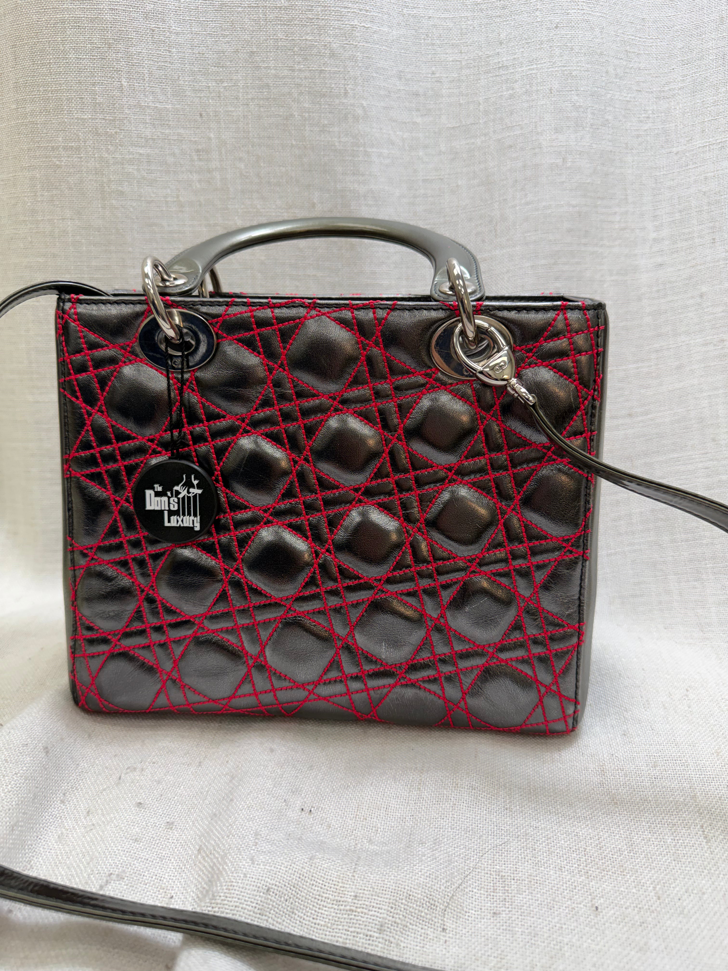 Christian Dior Metallic Silver And Pink Leather Medium Lady Dior Tote