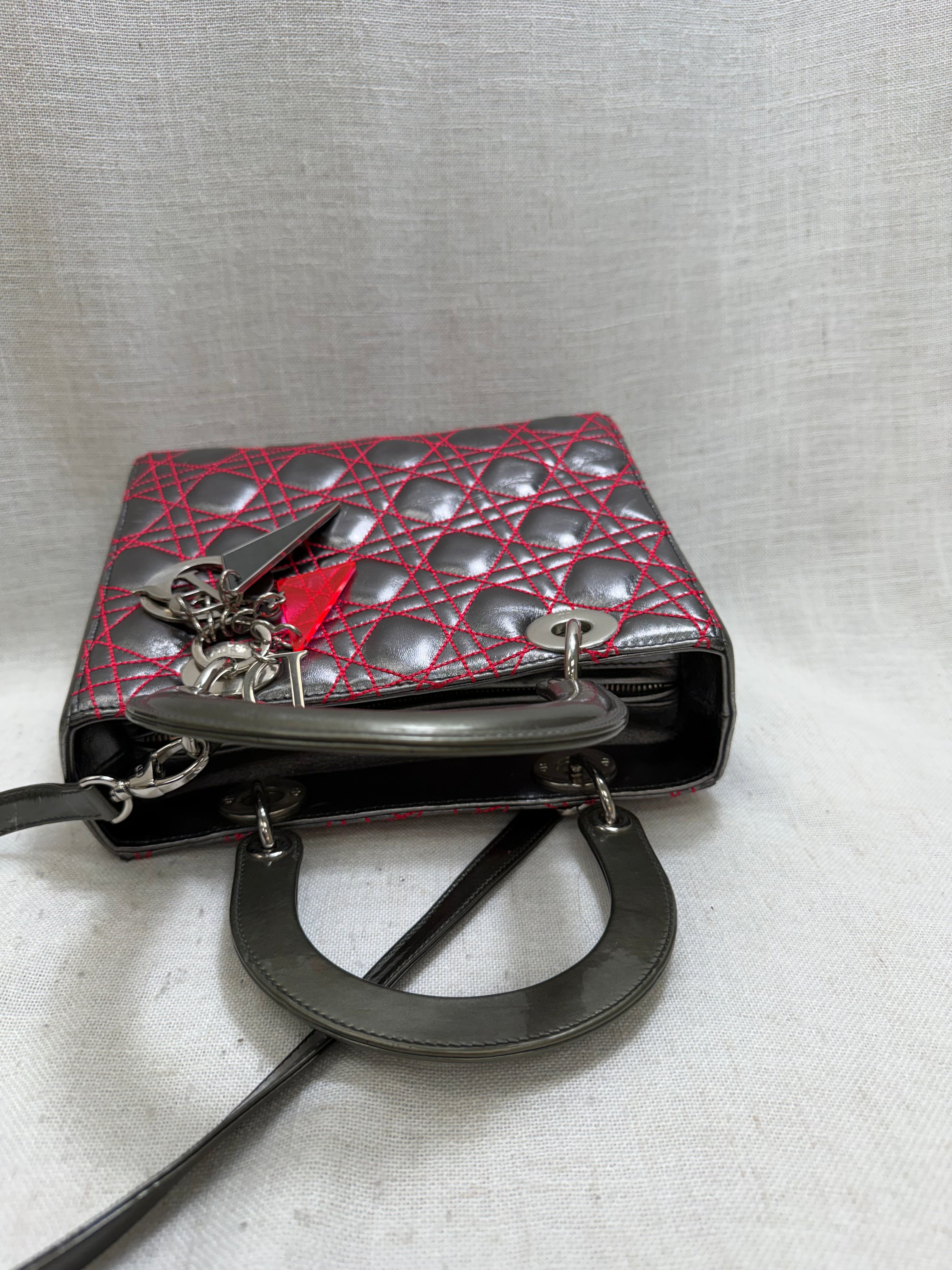 Christian Dior Metallic Silver And Pink Leather Medium Lady Dior Tote