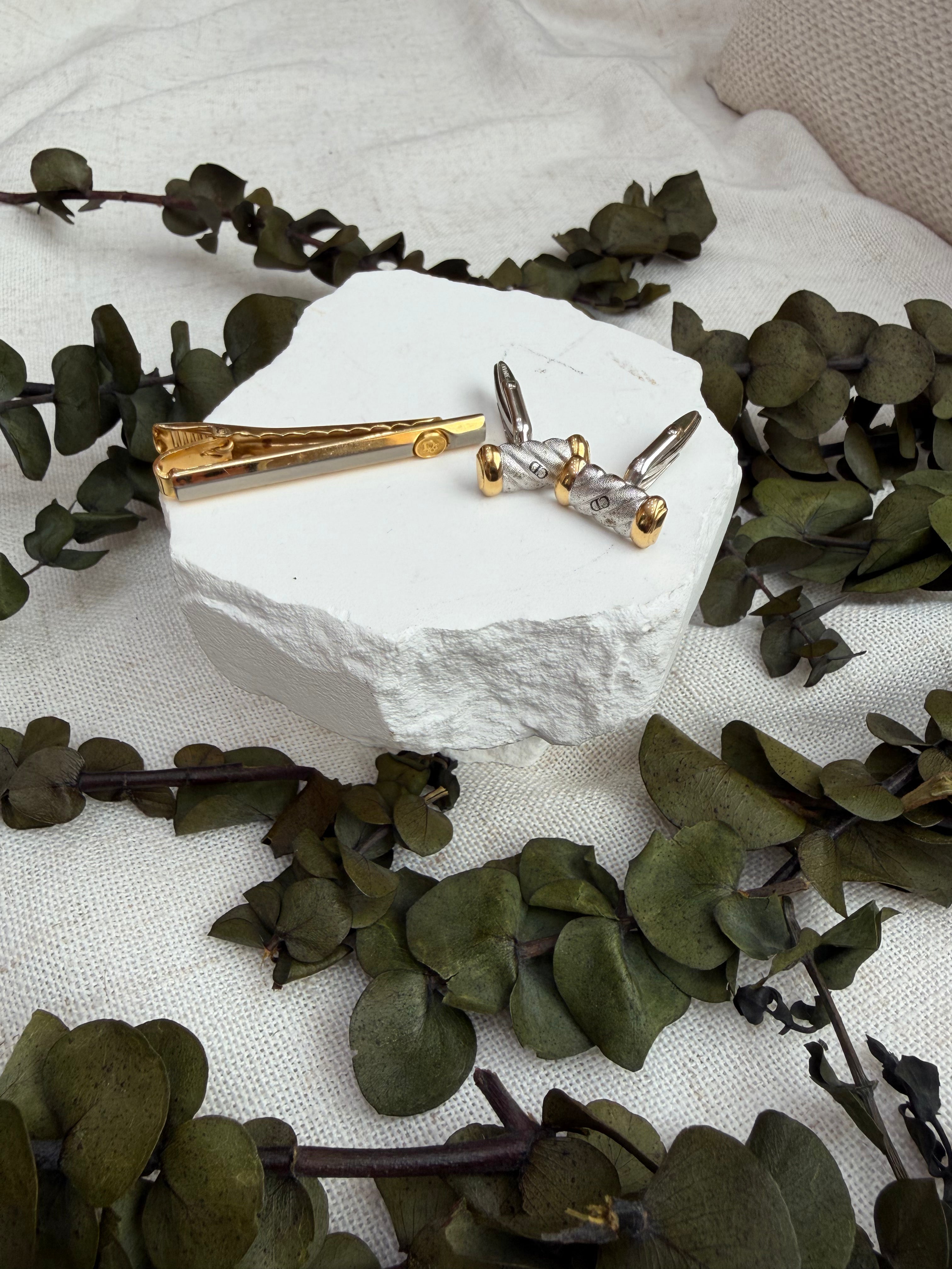 Christian Dior Two Tone Cufflinks & Tie Clip