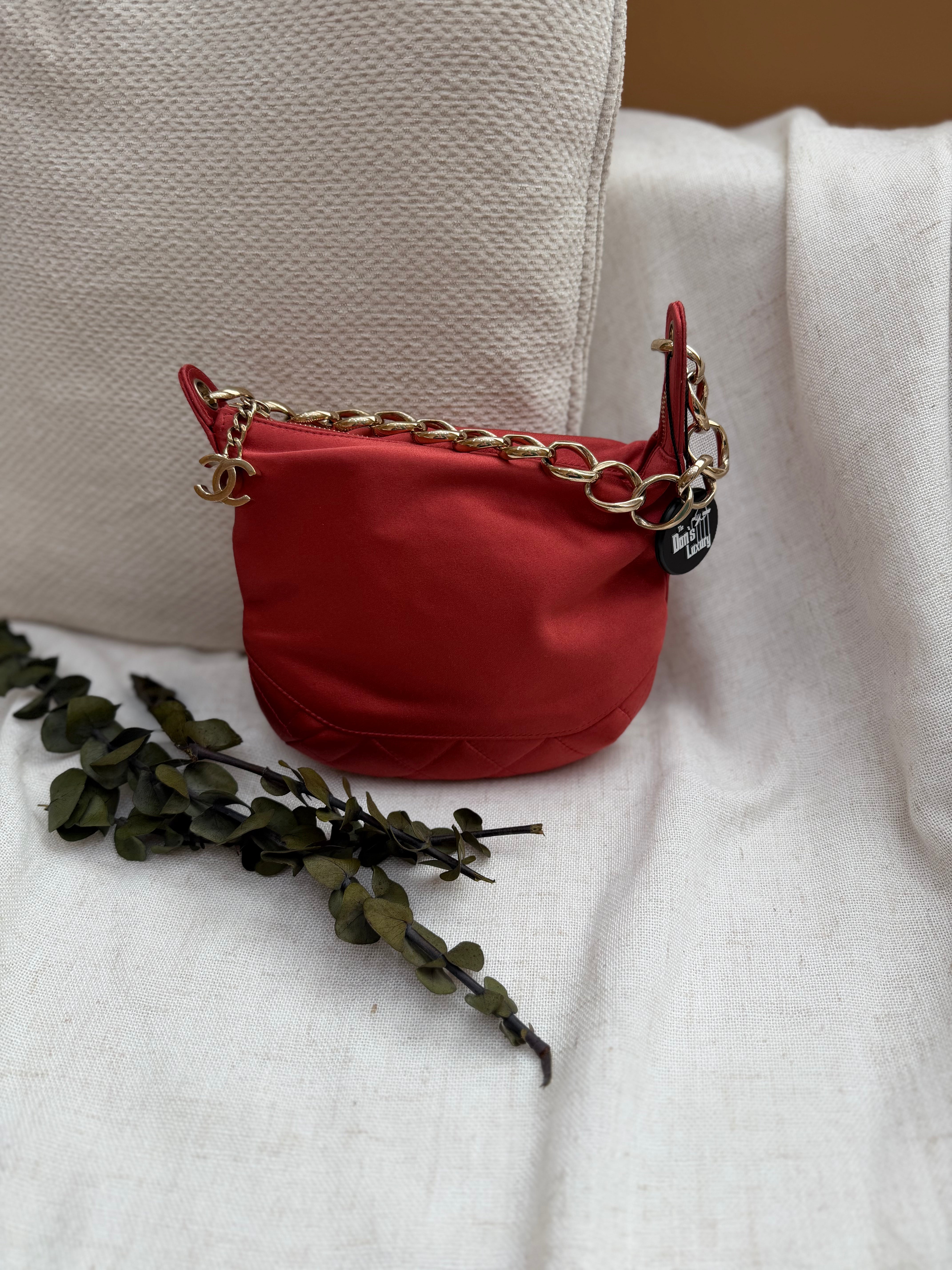 *DONS PRE-DROP* Chanel Vintage Red Satin Chain Hobo Handbag