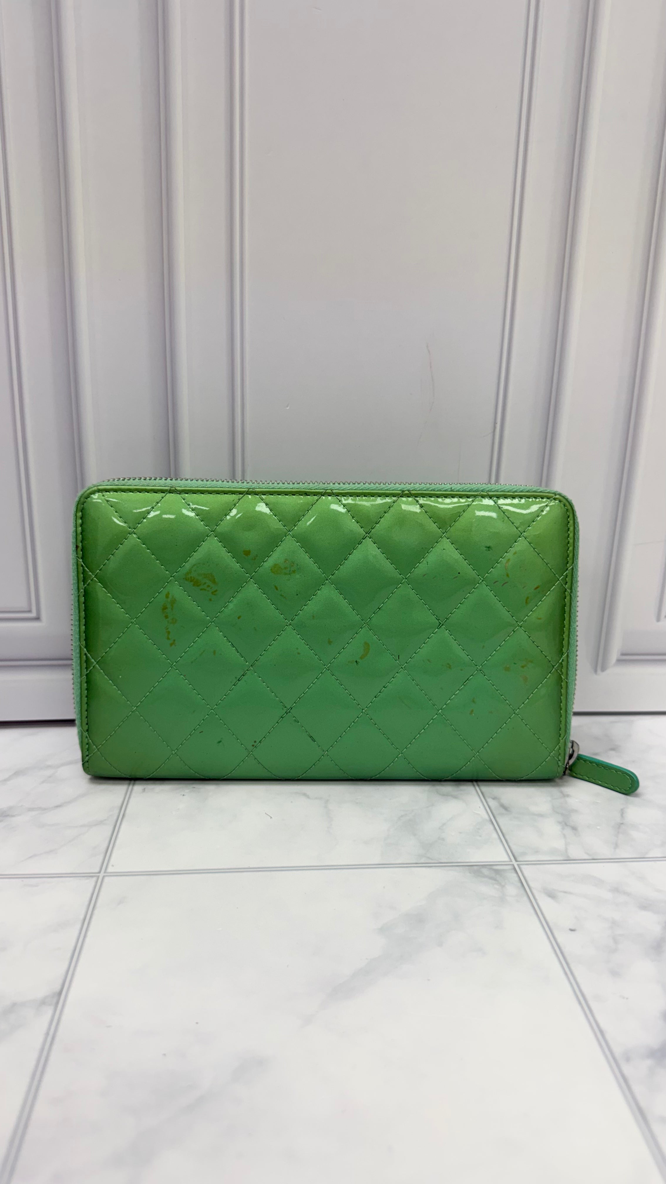 Chanel Green Patent Leather Large Zippy Wallet