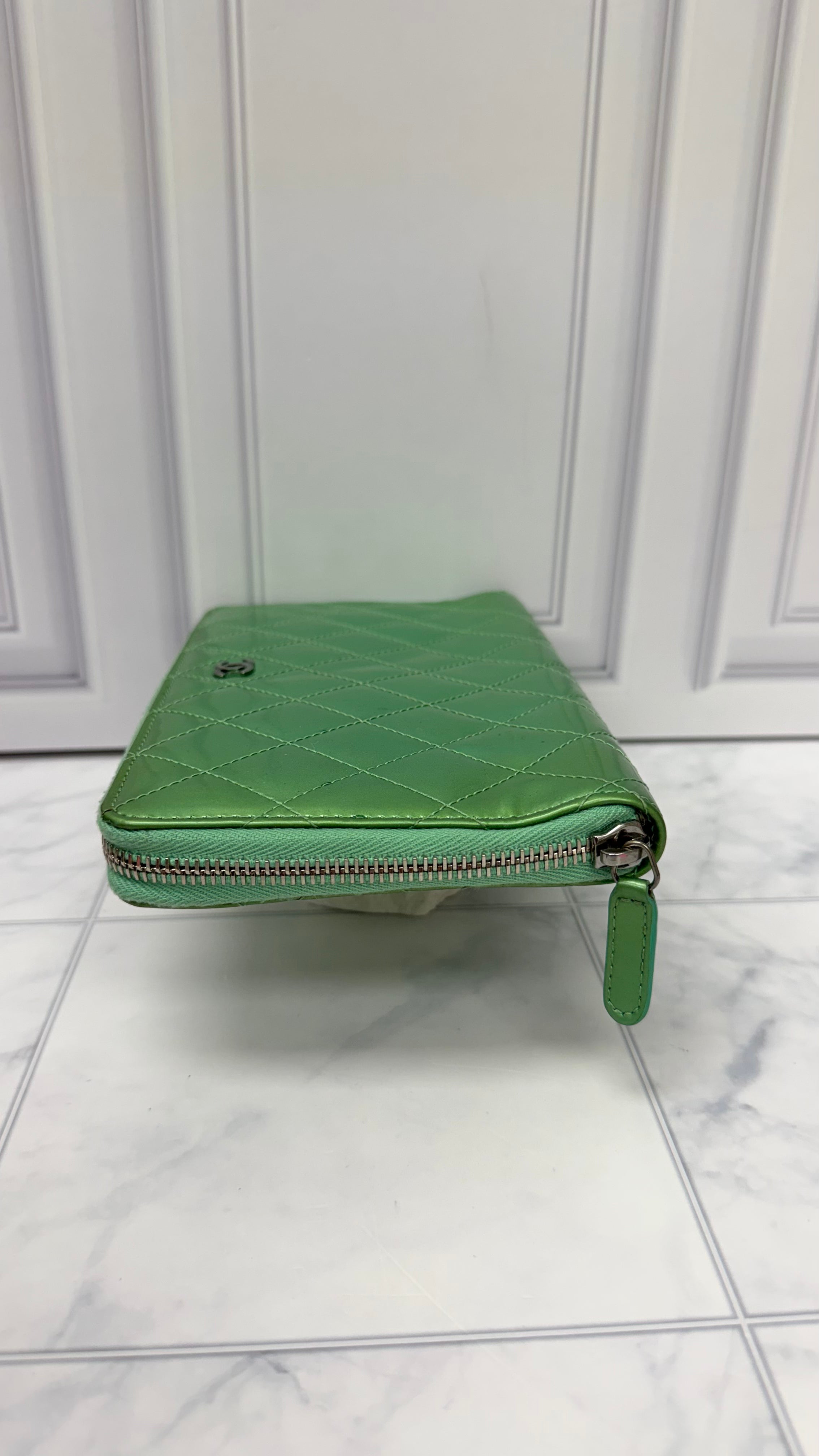 Chanel Green Patent Leather Large Zippy Wallet