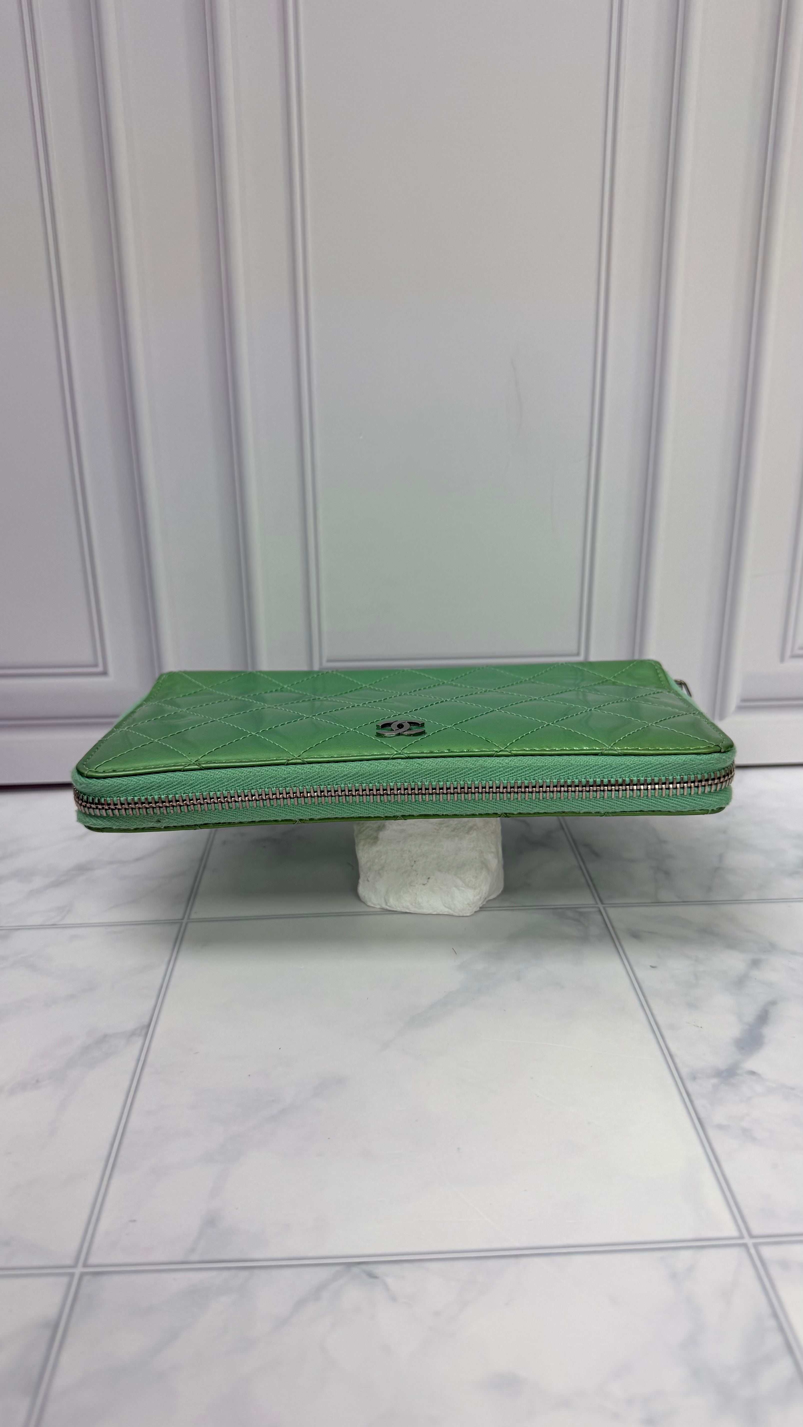 Chanel Green Patent Leather Large Zippy Wallet