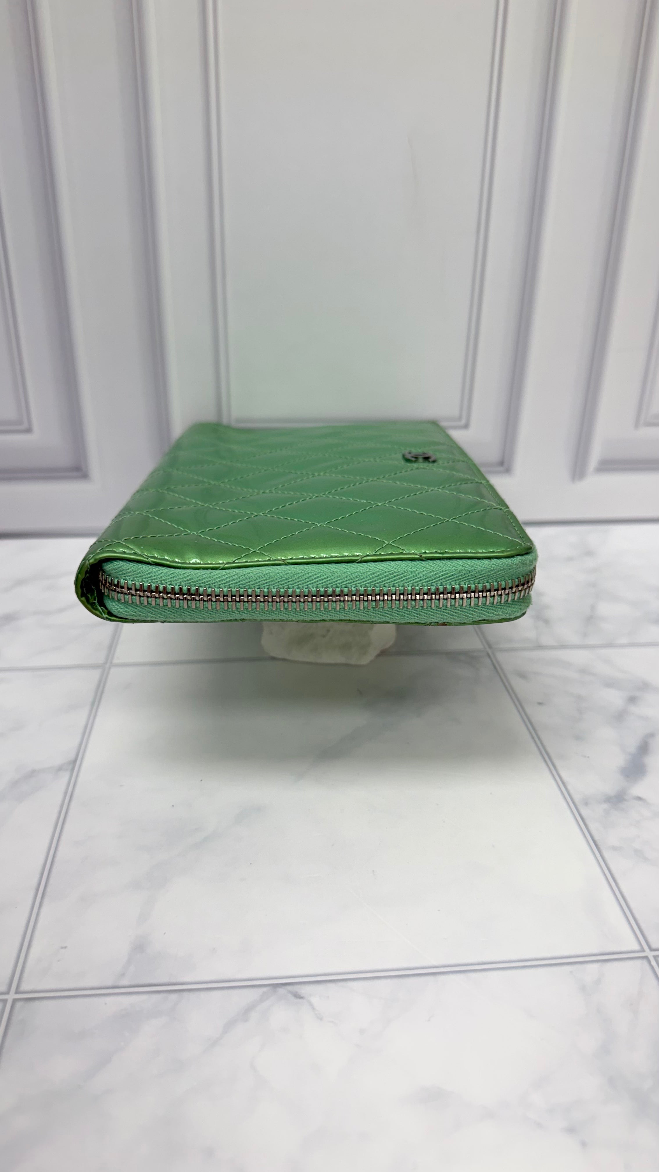 Chanel Green Patent Leather Large Zippy Wallet