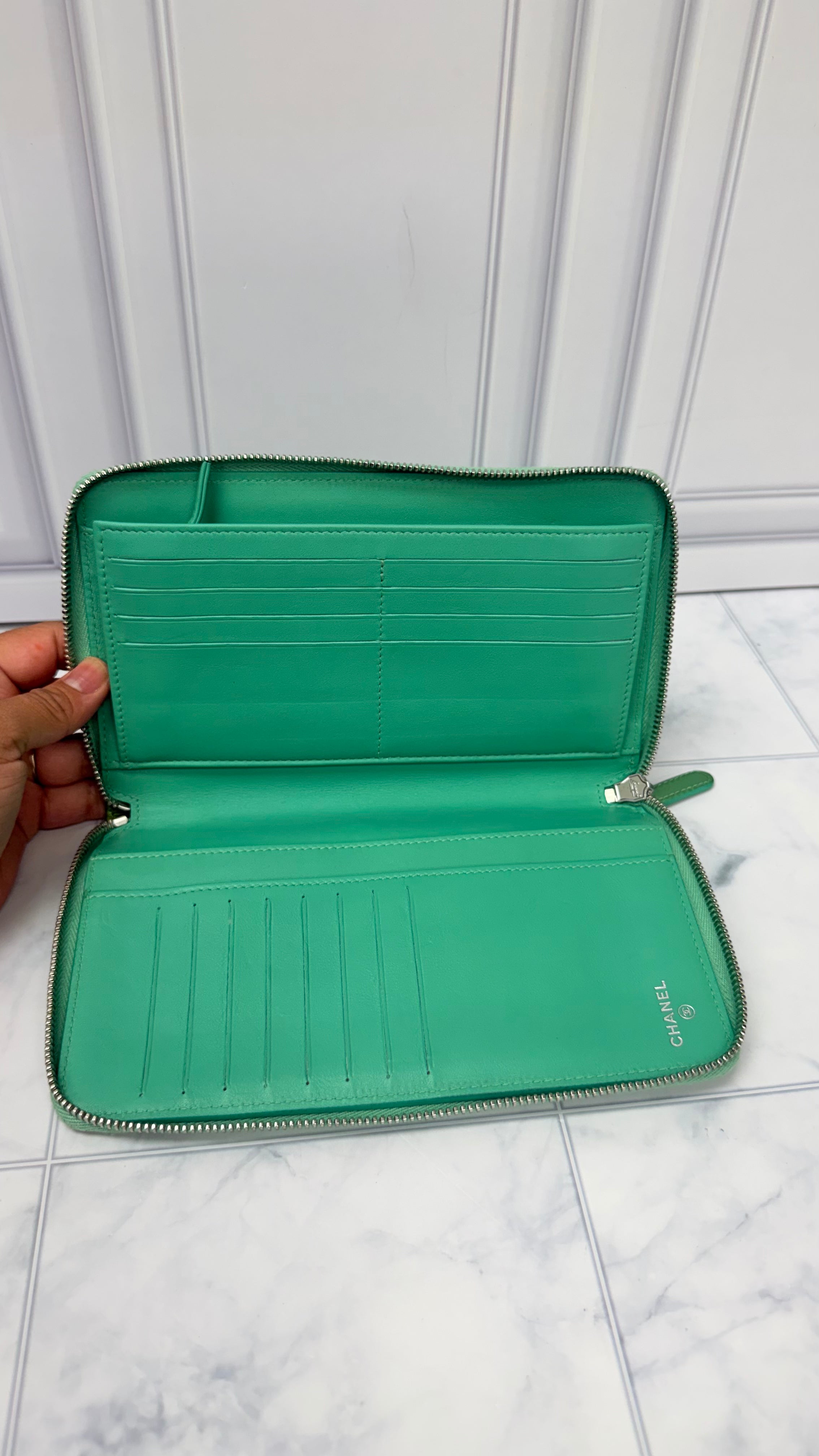 Chanel Green Patent Leather Large Zippy Wallet