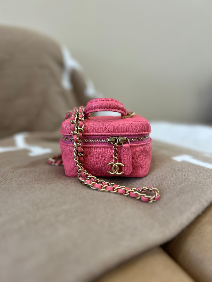 Chanel Coral Caviar Quilted Mini Top Handle Vanity With Chain