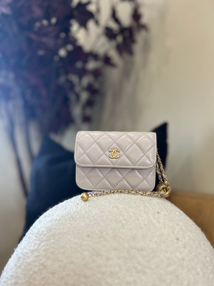 Chanel Taupe Quilted Calfskin Mini Pearl Crush Flap Clutch with Chain