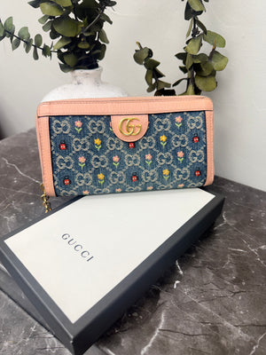 Gucci Blue And Pink Denim Embroidered Flower Zippy Wallet