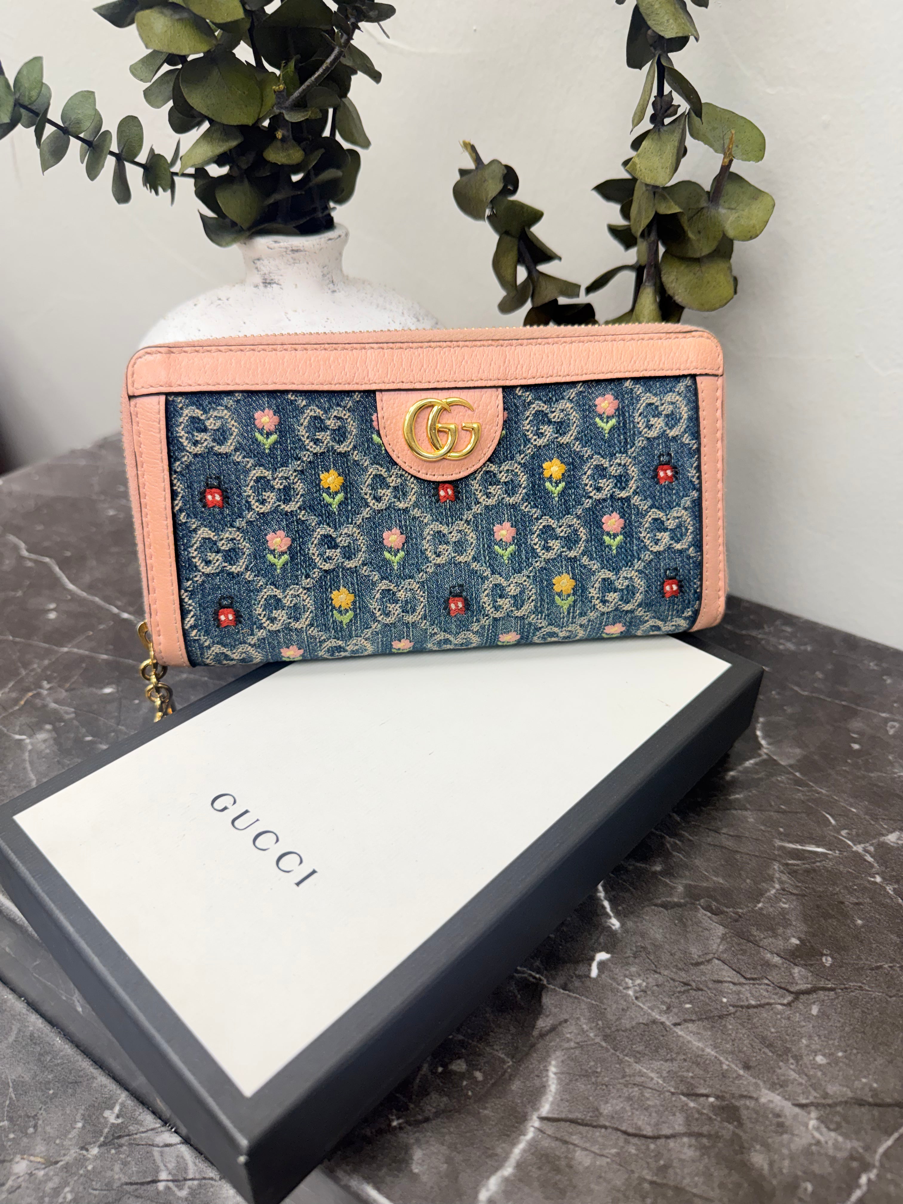 Gucci Blue And Pink Denim Embroidered Flower Zippy Wallet