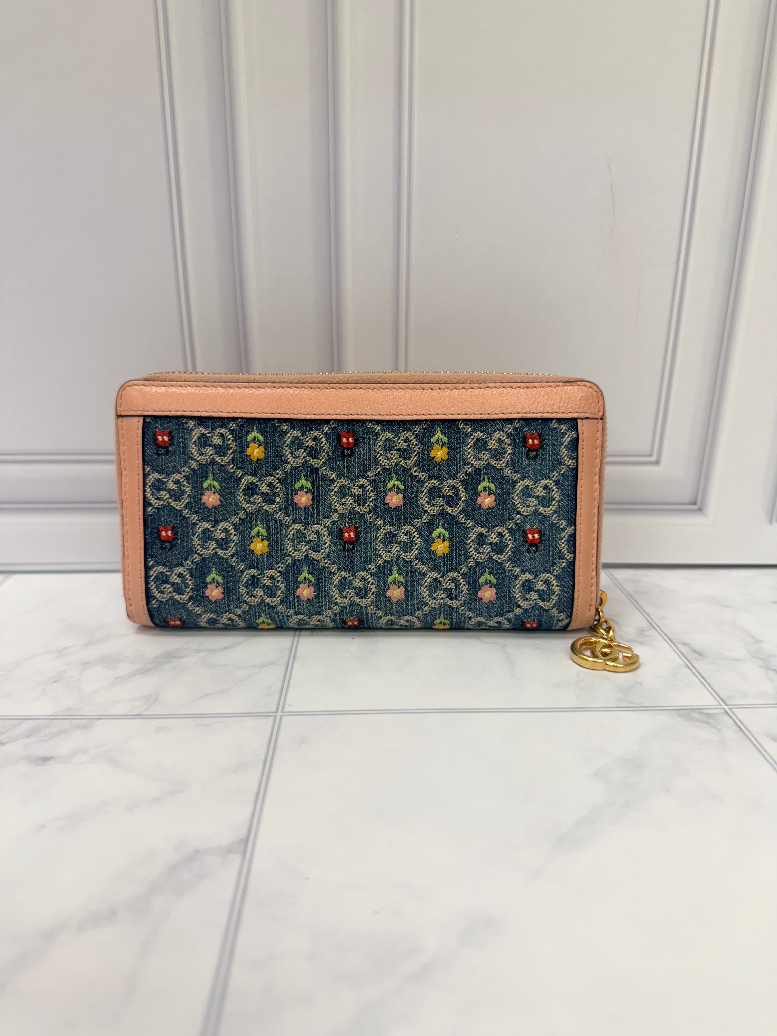 Gucci Blue And Pink Denim Embroidered Flower Zippy Wallet