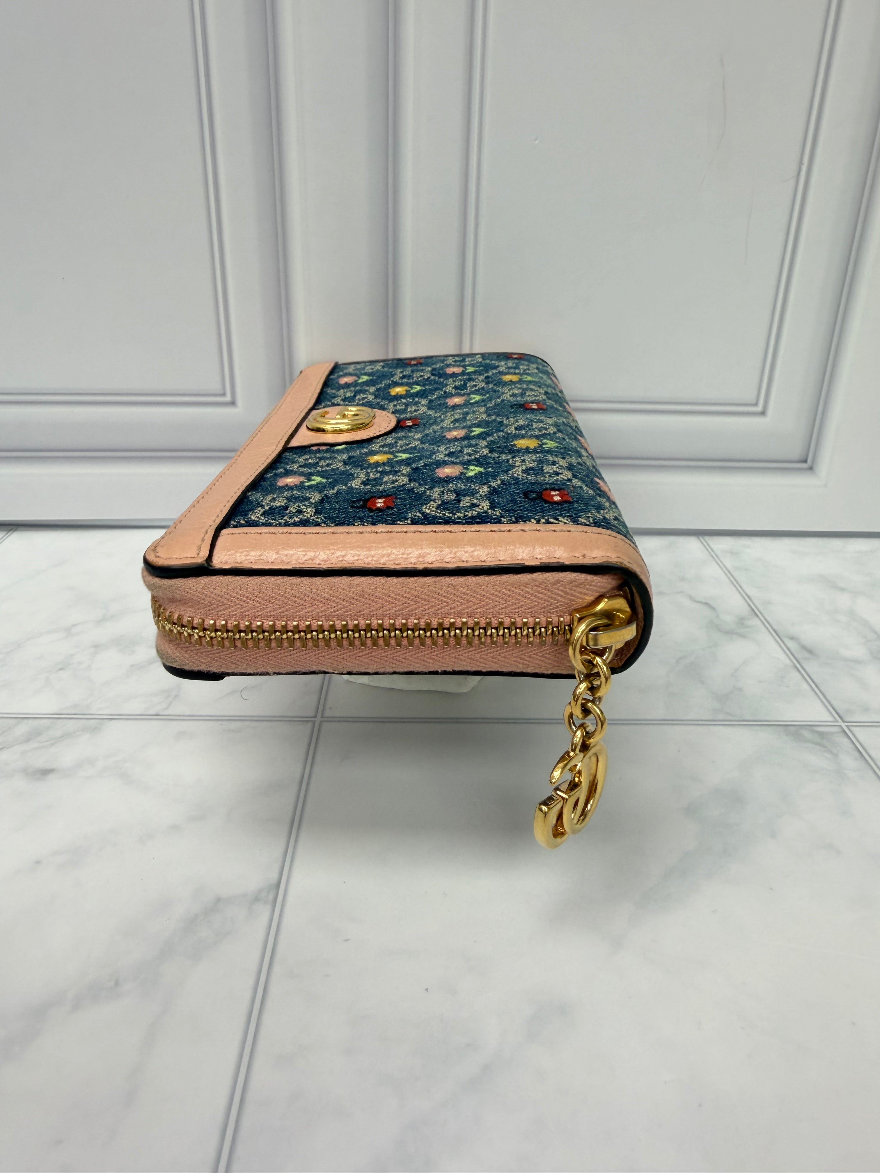 Gucci Blue And Pink Denim Embroidered Flower Zippy Wallet