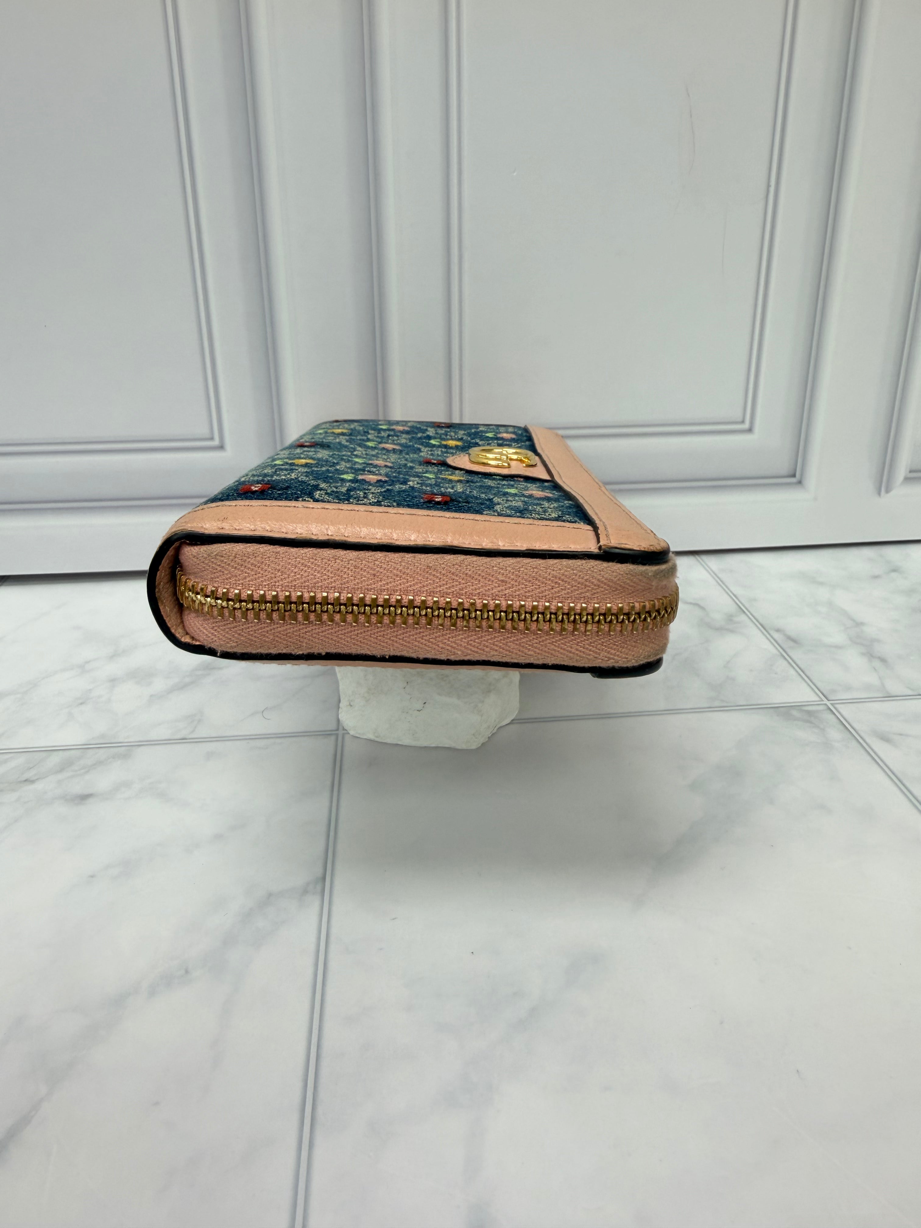 Gucci Blue And Pink Denim Embroidered Flower Zippy Wallet