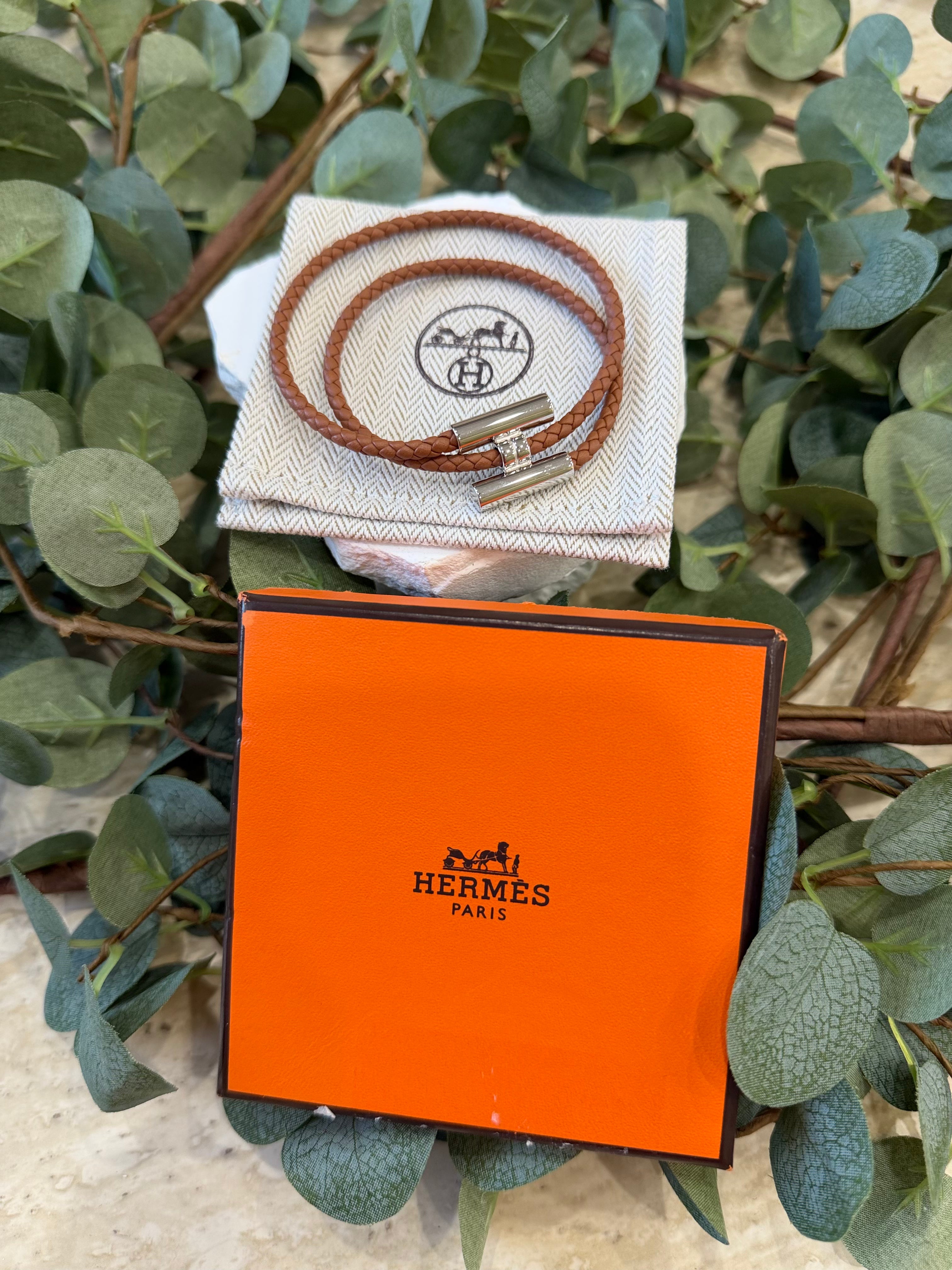 BRAND NEW- Hermes Brown Braided Leather Double Wrap Tournis Tresse Bracelet