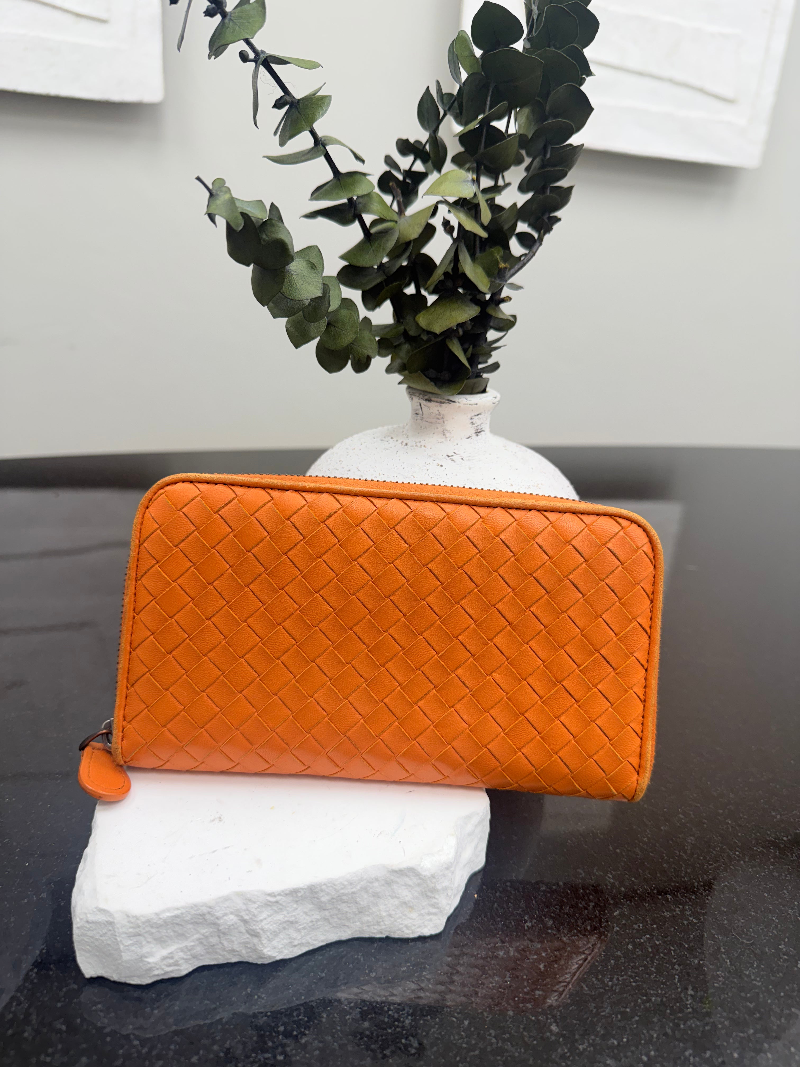 Bottega Veneta Orange Intrecciato leather Zippy Wallet