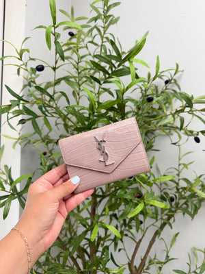 Saint Laurent YSL Beige Croc Embossed Envelope Wallet