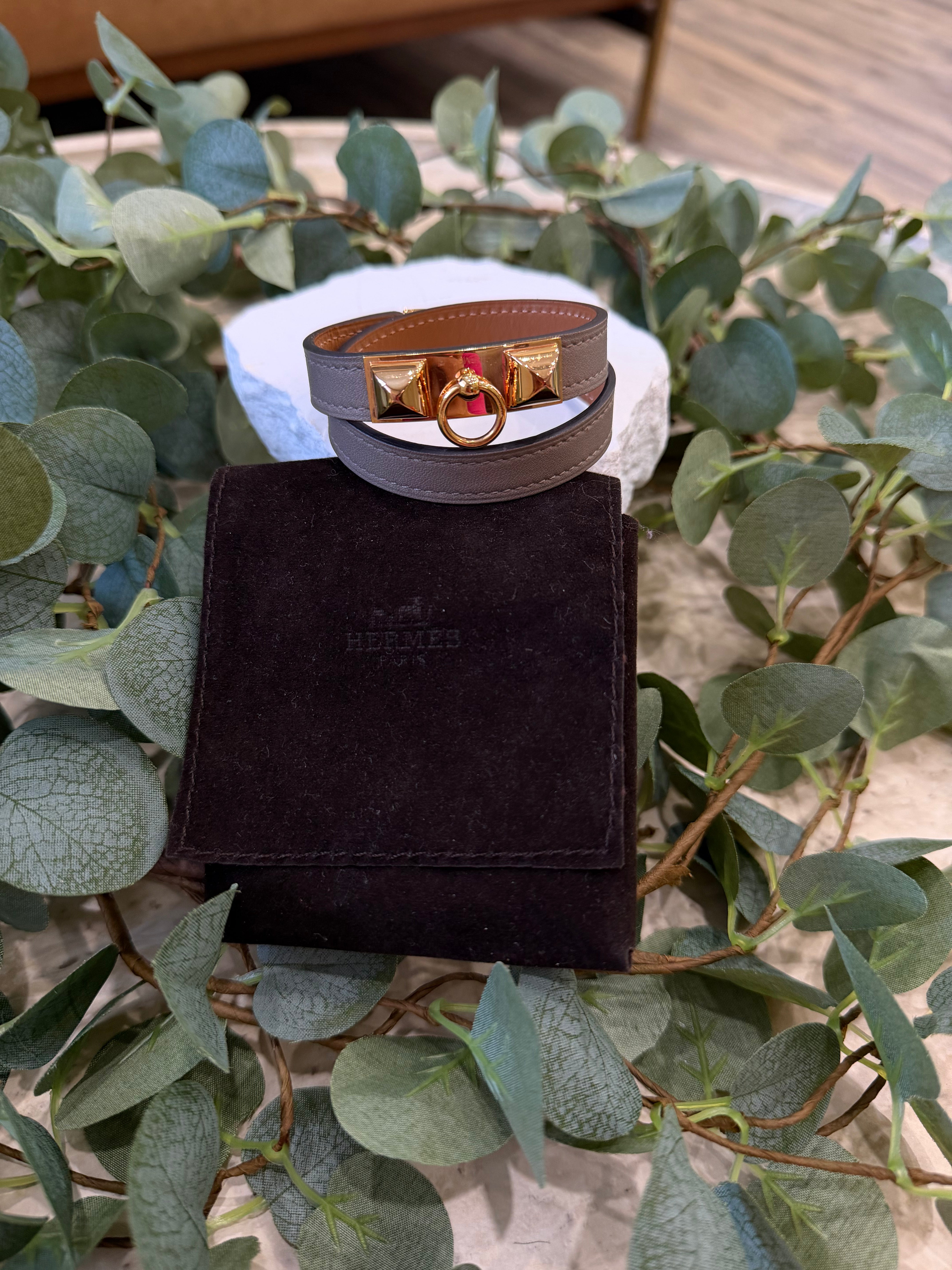 Hermes Taupe Leather Rivale Double Tour Bracelet