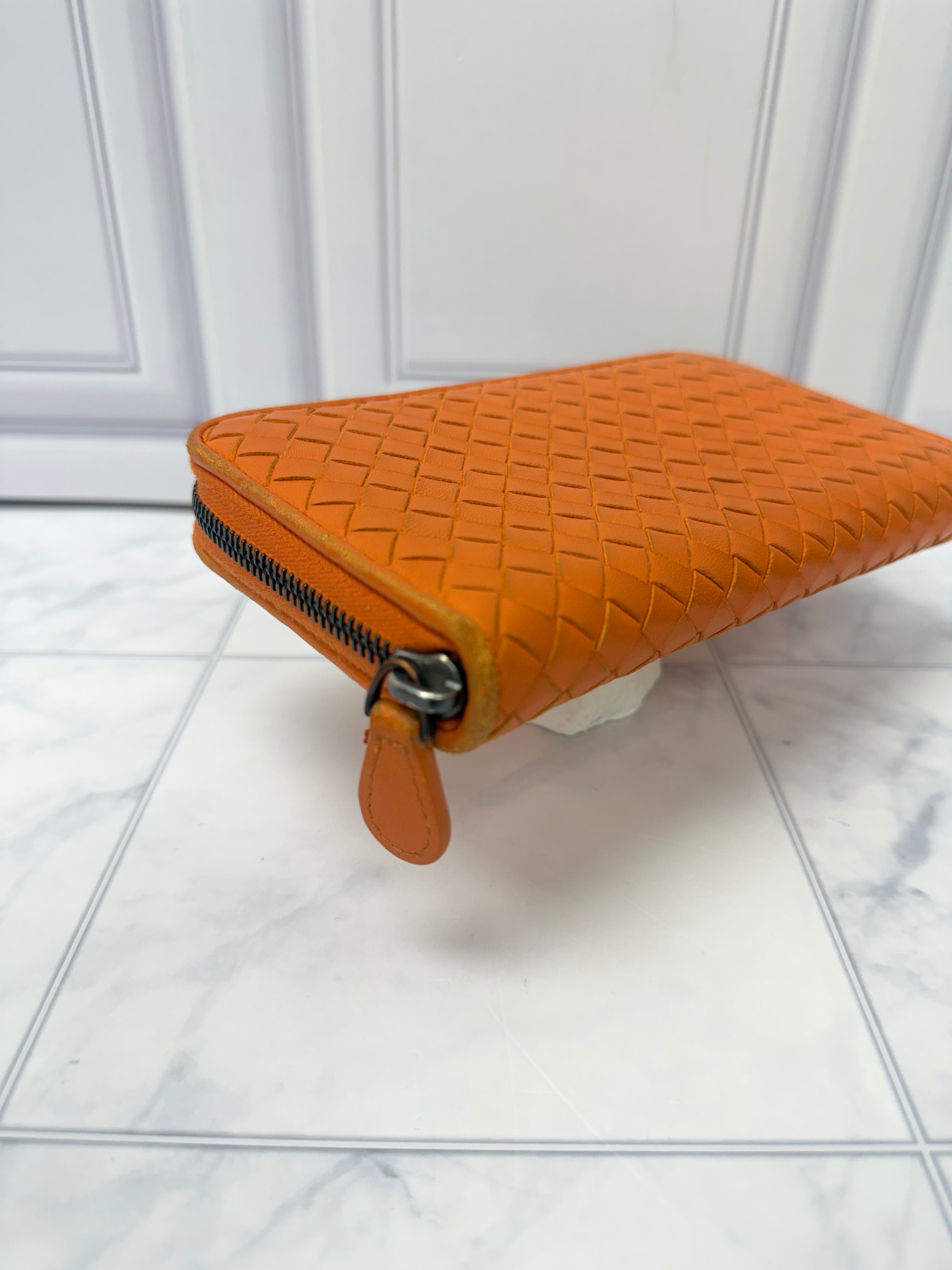 Bottega Veneta Orange Intrecciato leather Zippy Wallet