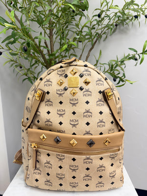MCM Beige Viseto Leather Large Studded Backpack & Front Detachable Pouch