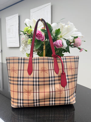 Burberry Beige And Red Coated Canvas And Leather Reversible Tote Bag