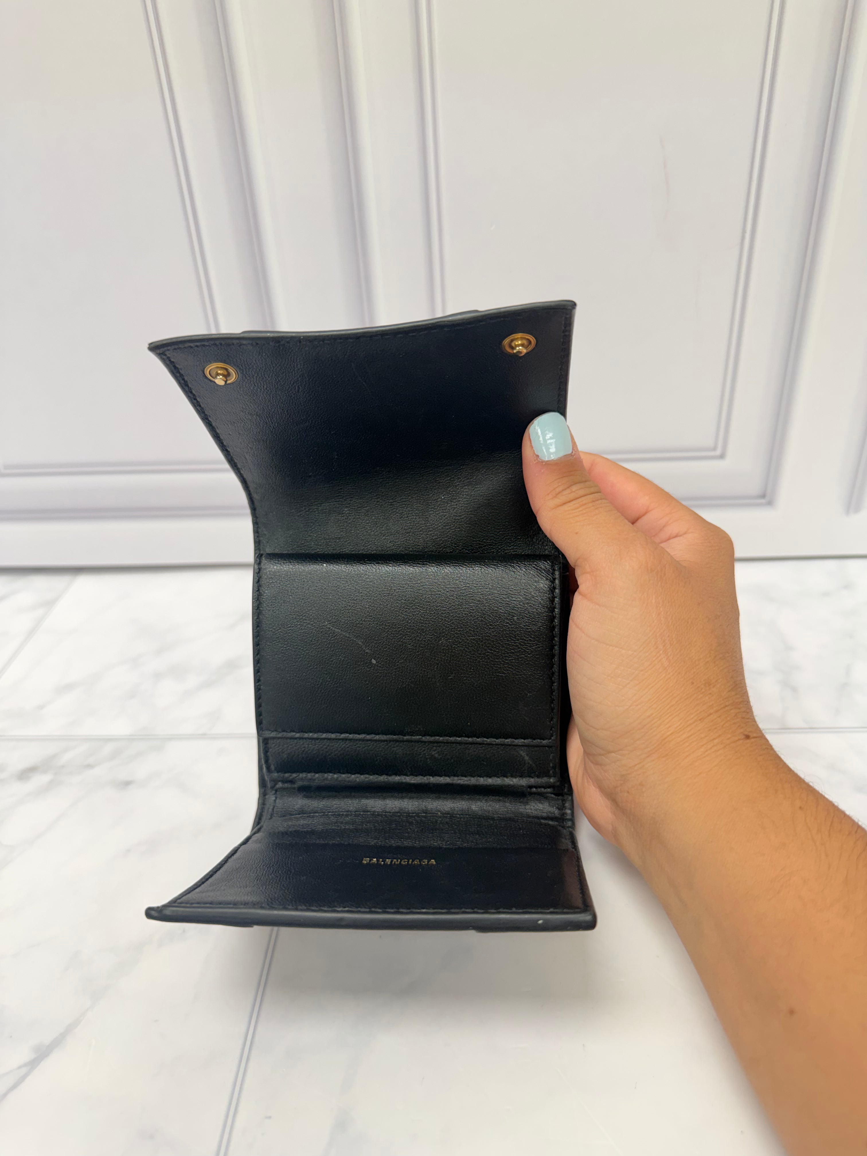 Balenciaga Black Leather Hourglass Compact Wallet