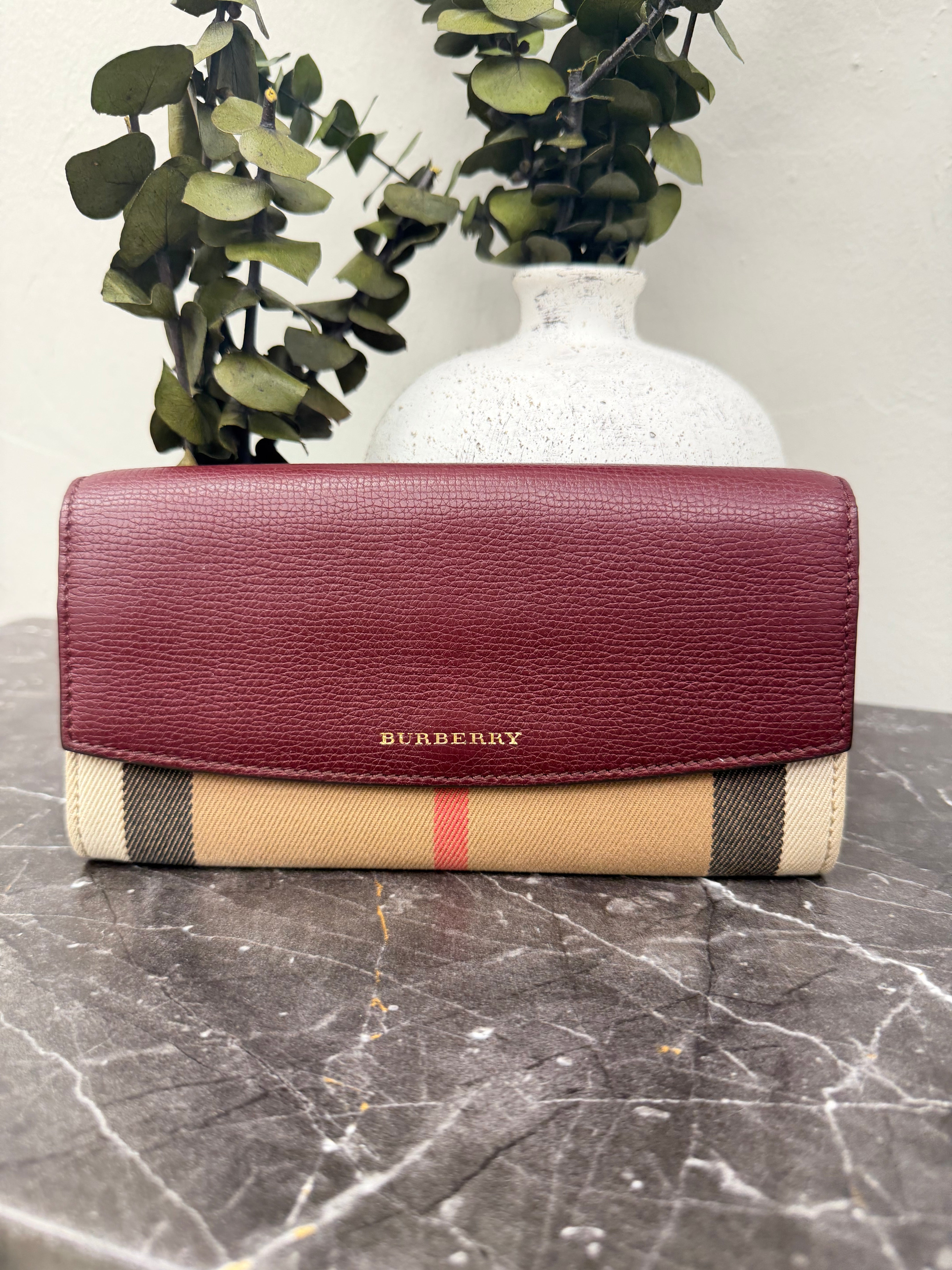 Burberry Burgundy Nova Check Canvas Flap Wallet