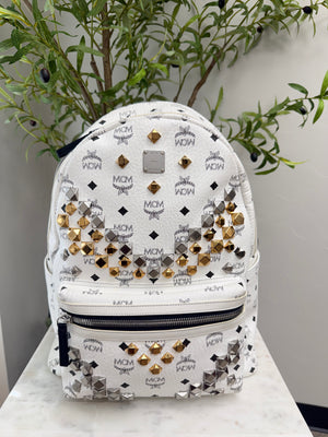 MCM White Viseto Leather Large Studded Backpack