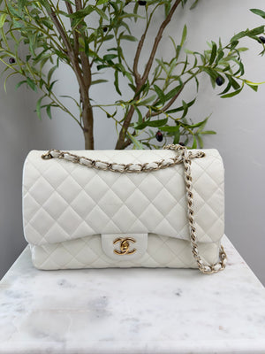 Chanel White Caviar Leather Jumbo Classic Flap Bag