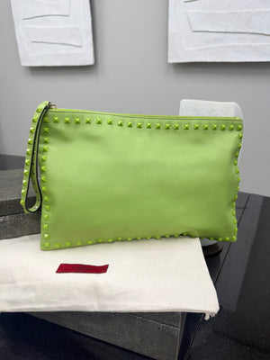 Valentino Green Leather Large Rockstud Clutch