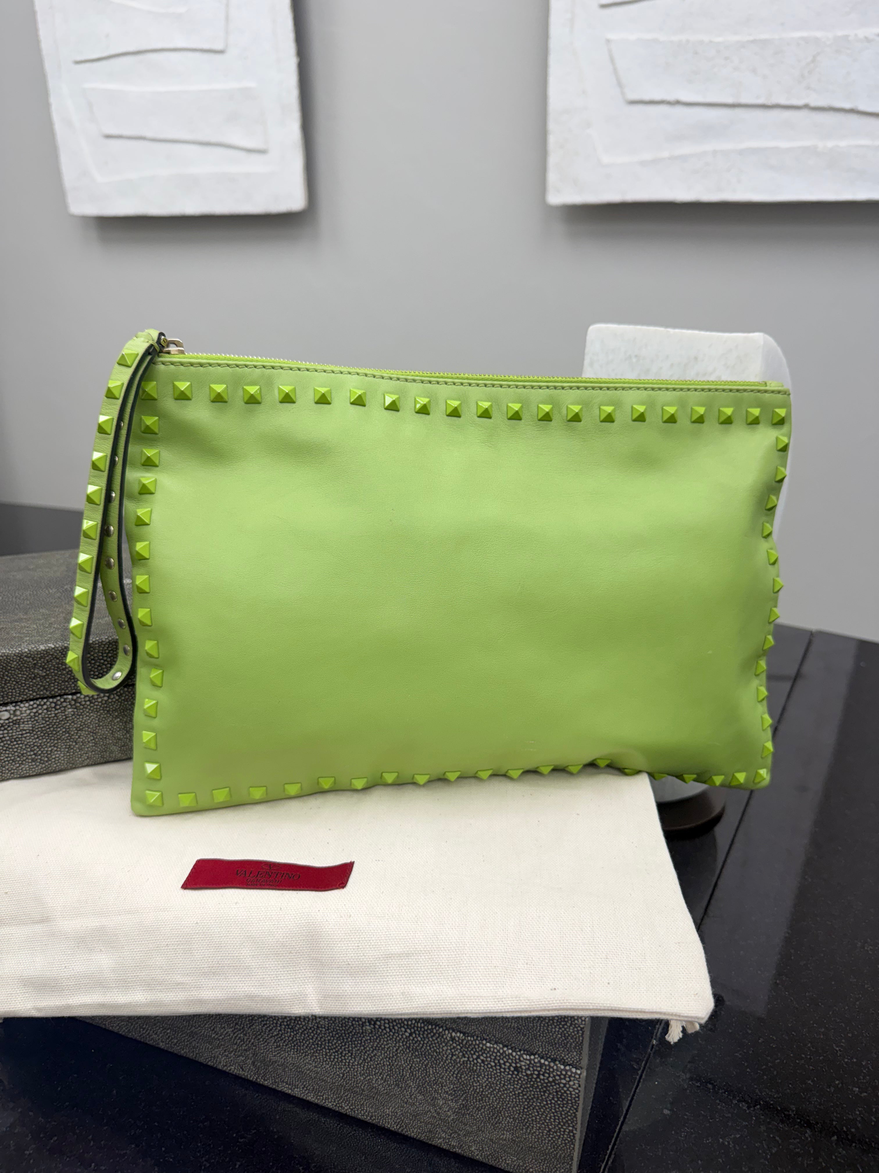 Valentino Green Leather Large Rockstud Clutch