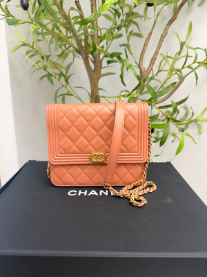 Chanel Tan Quilted Calfskin Leather Square Boy Wallet On A Chain