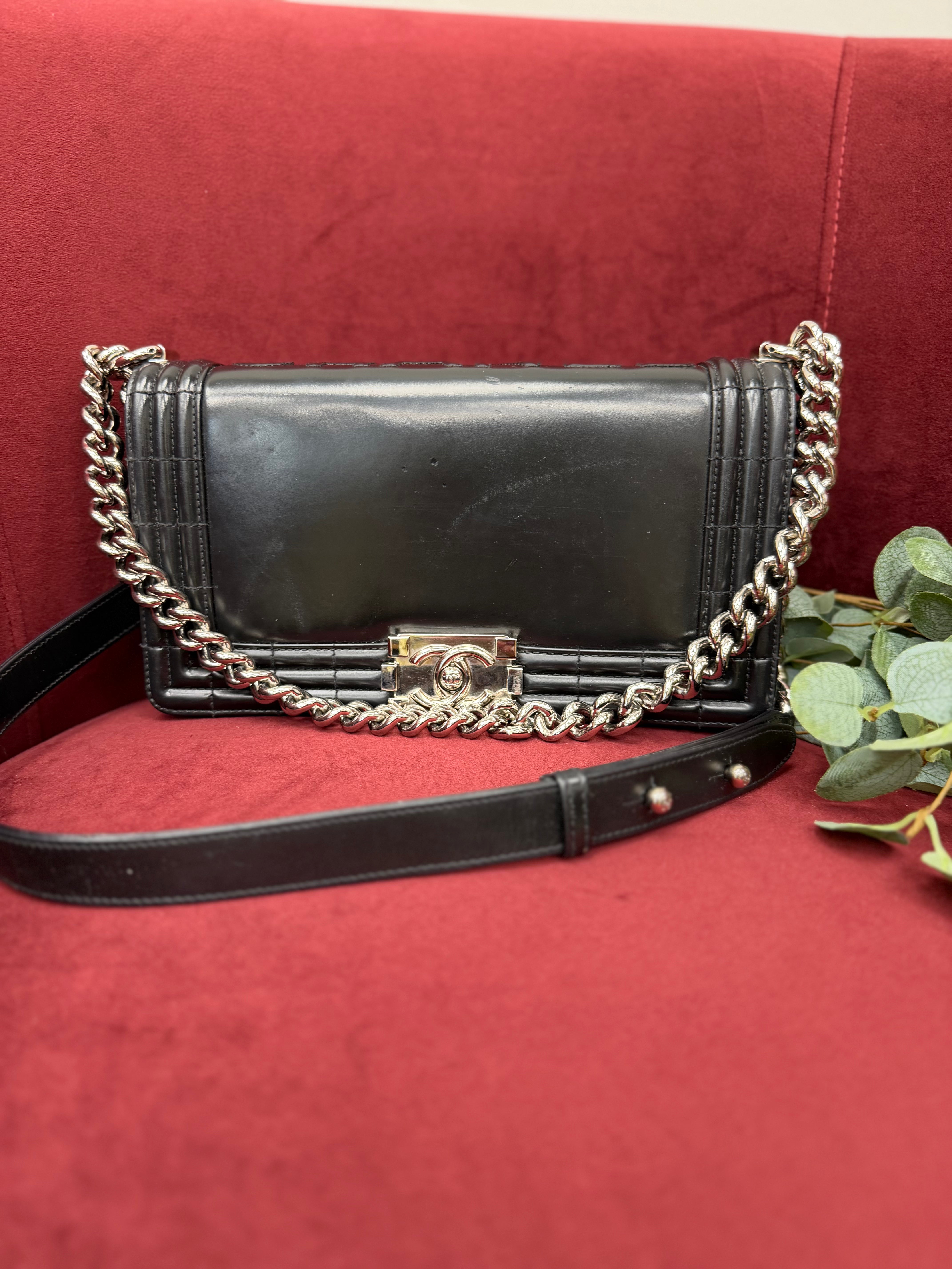 Chanel Black Glazed Leather Medium Boy Bag