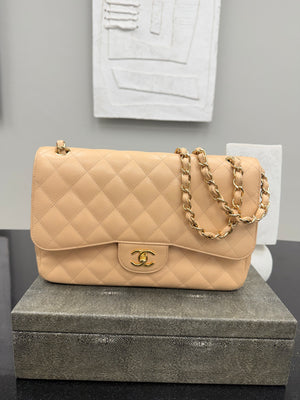 Chanel Beige Caviar Leather Classic Jumbo Double Flap Bag