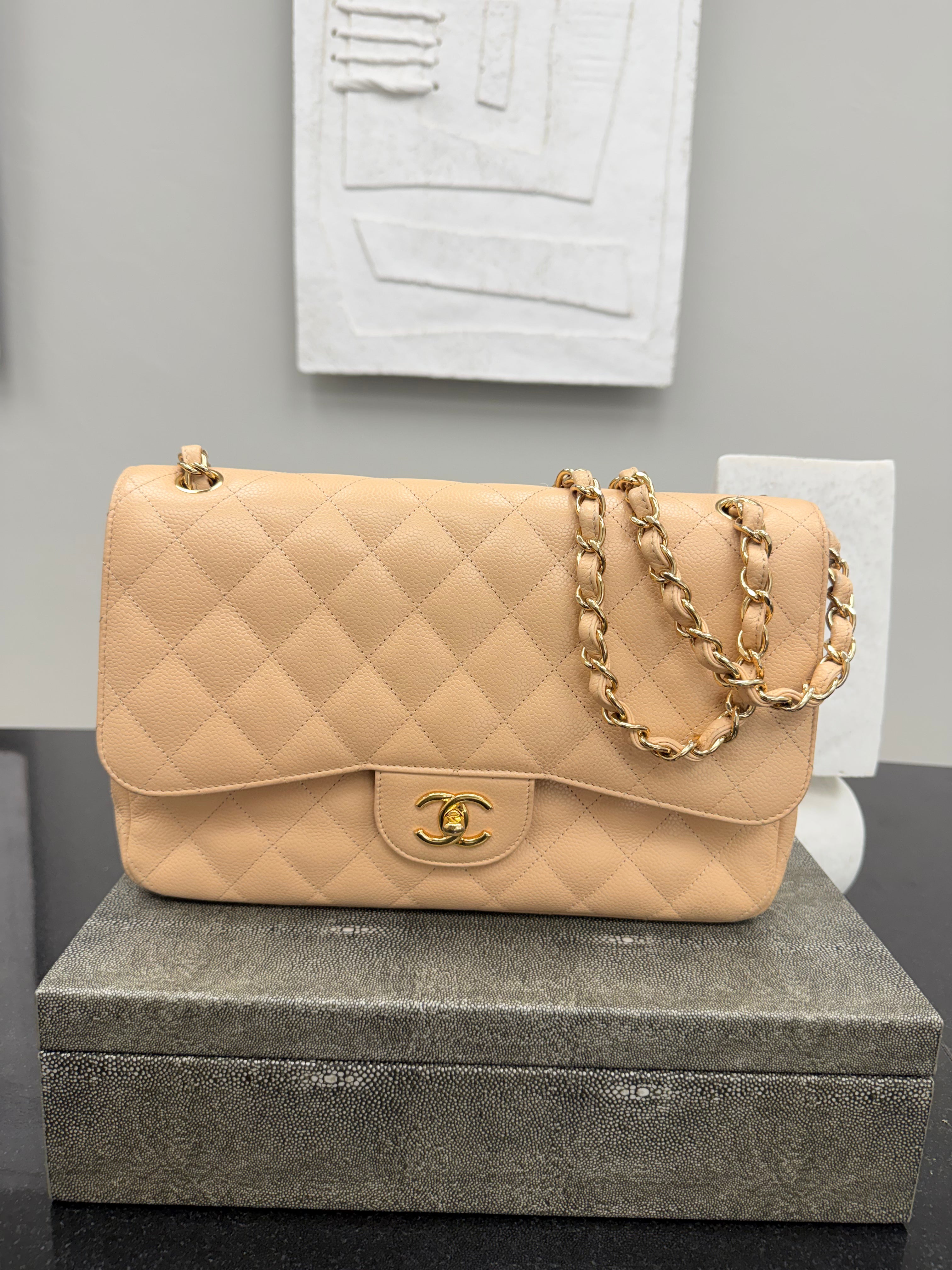 Chanel Beige Caviar Leather Classic Jumbo Double Flap Bag