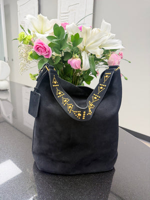 Saint Laurent YSL Black Suede Leather Studded Bucket Bag