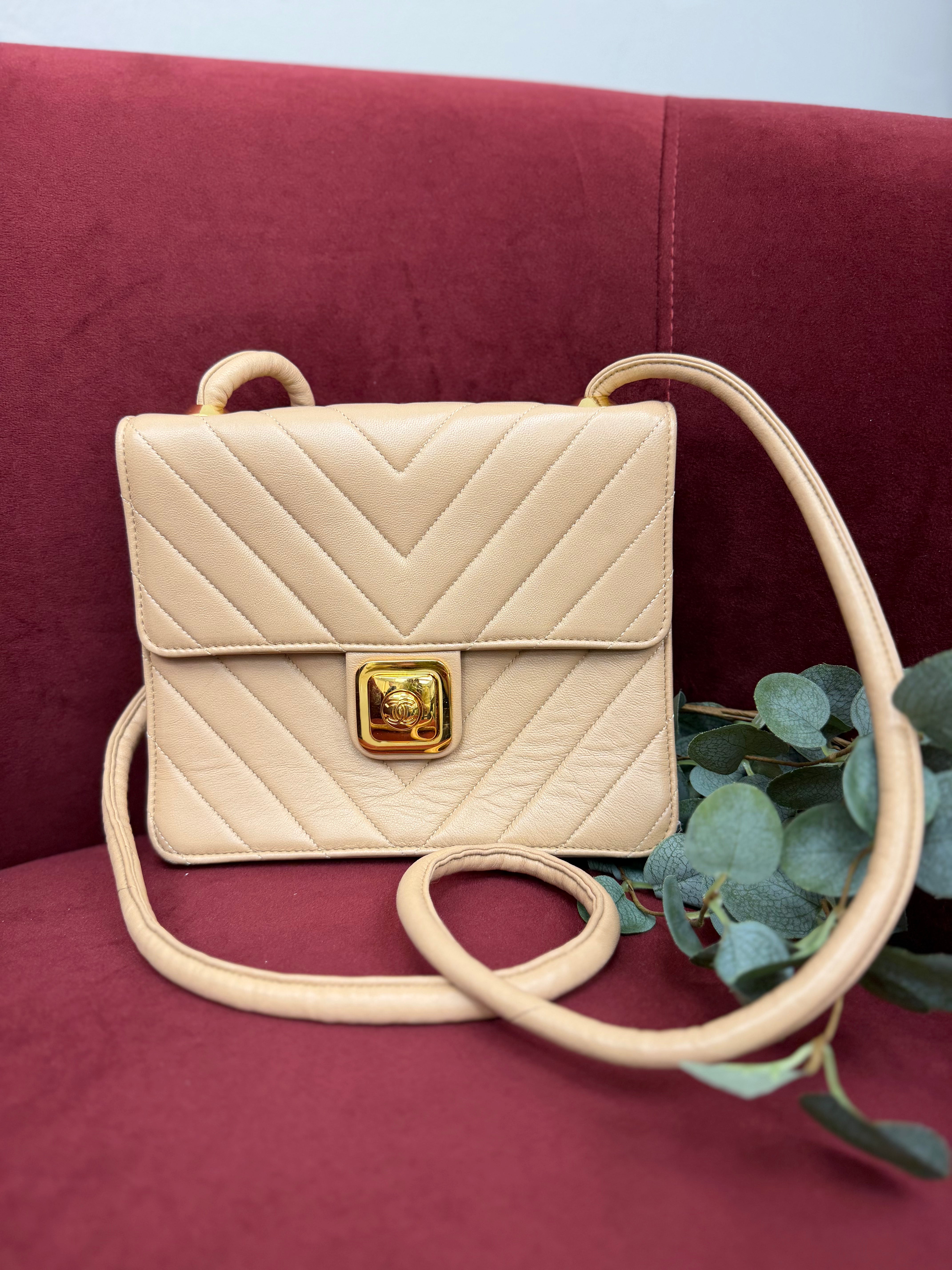 Chanel Beige Lambskin Leather Crossbody Bag