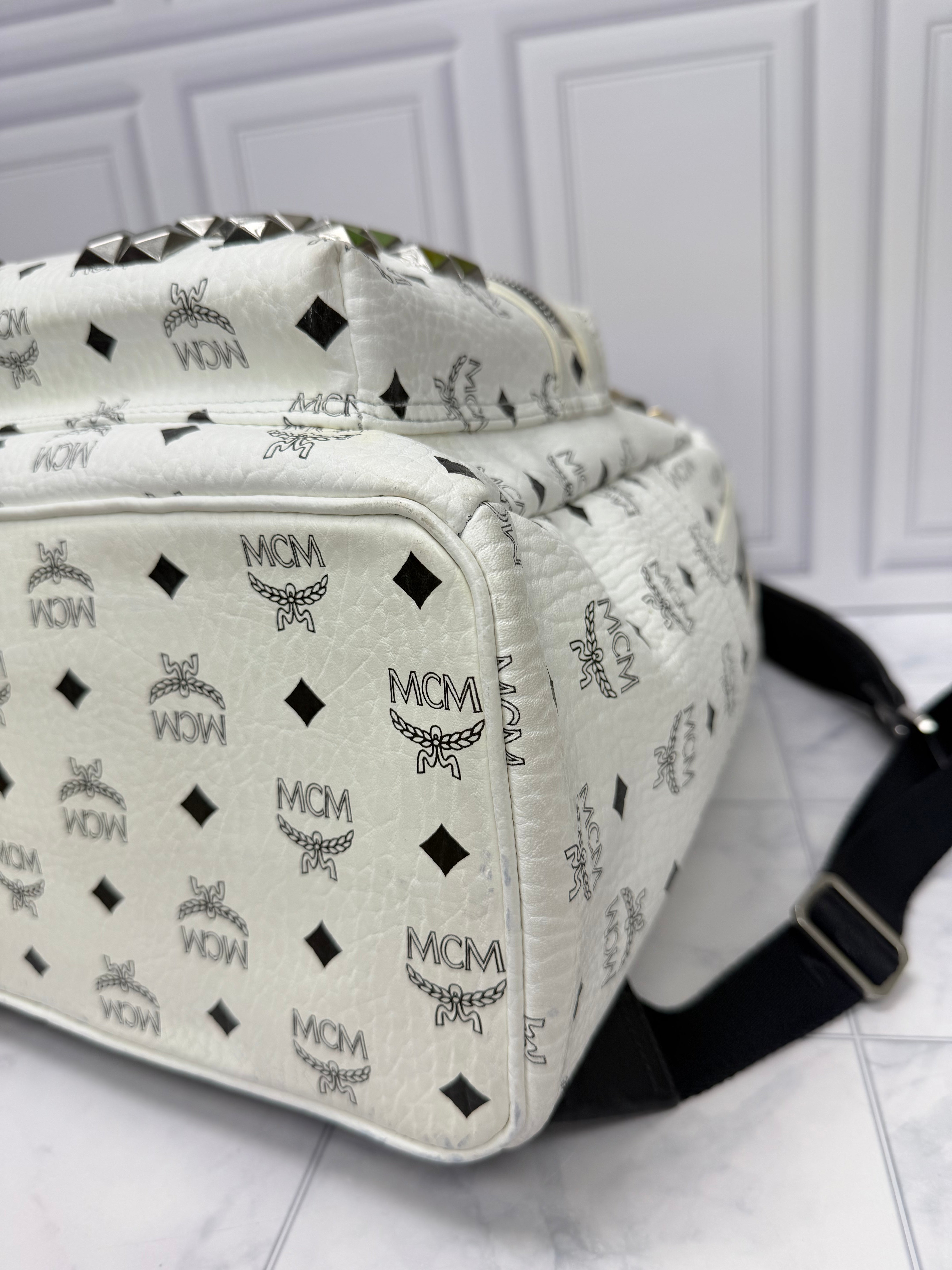 MCM White Viseto Leather Large Studded Backpack
