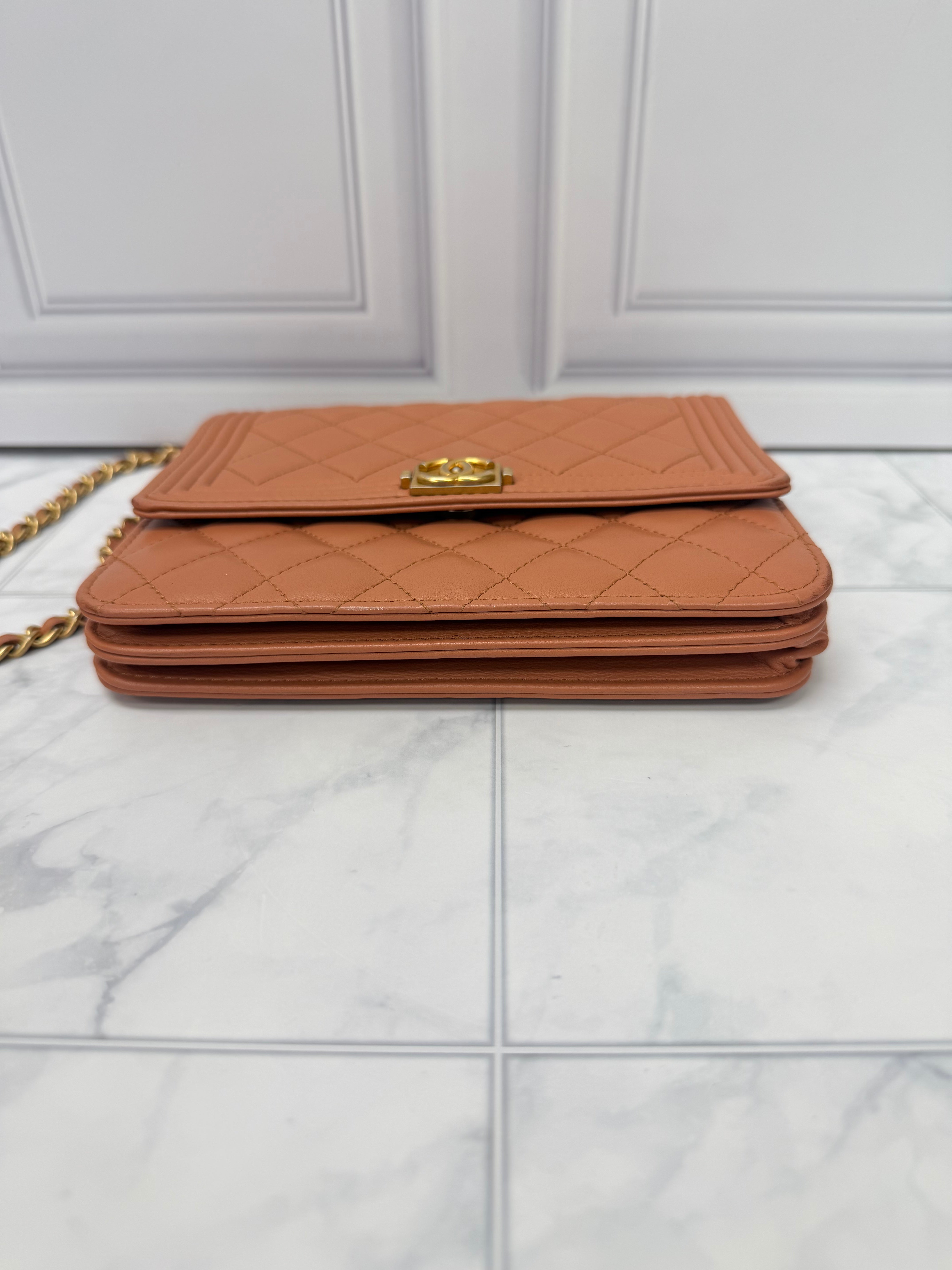 Chanel Tan Quilted Calfskin Leather Square Boy Wallet On A Chain