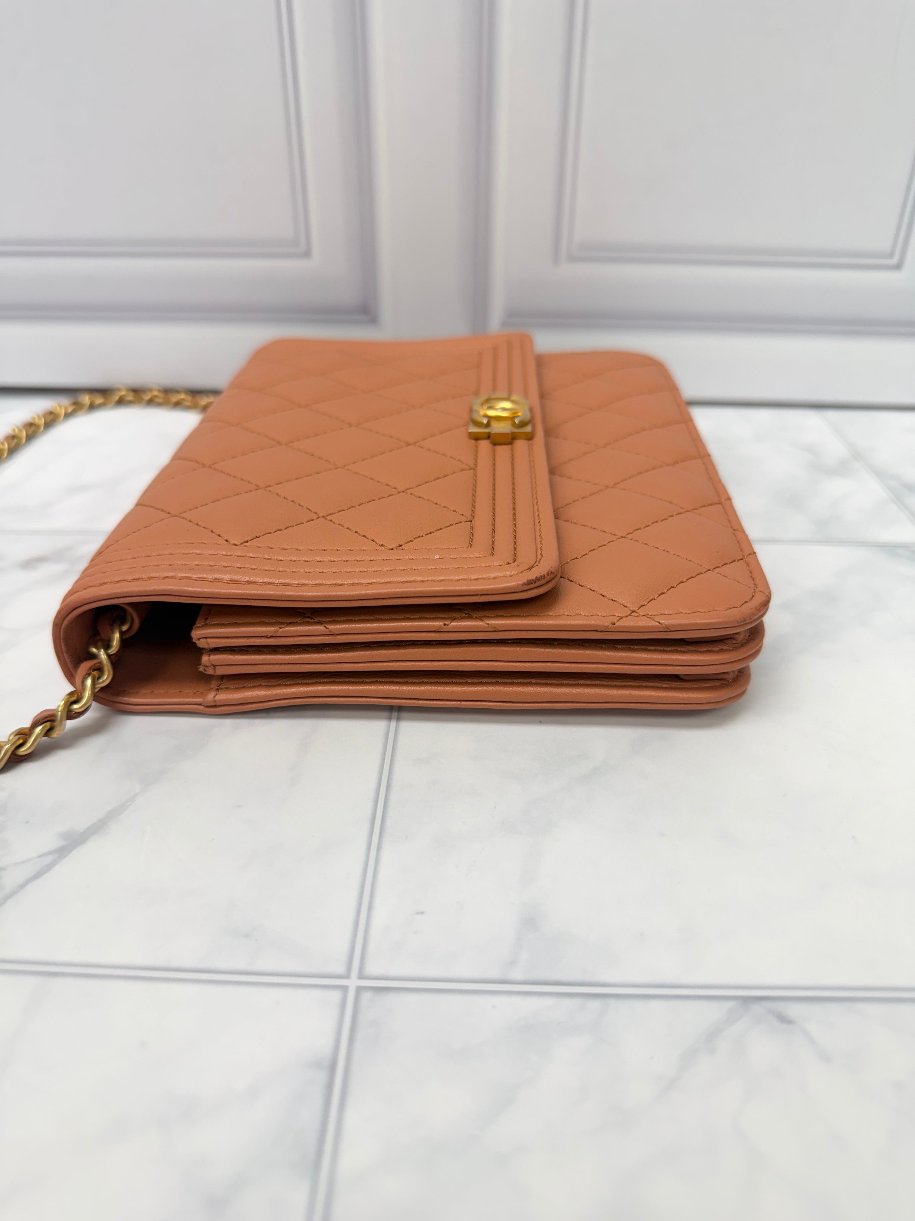 Chanel Tan Quilted Calfskin Leather Square Boy Wallet On A Chain
