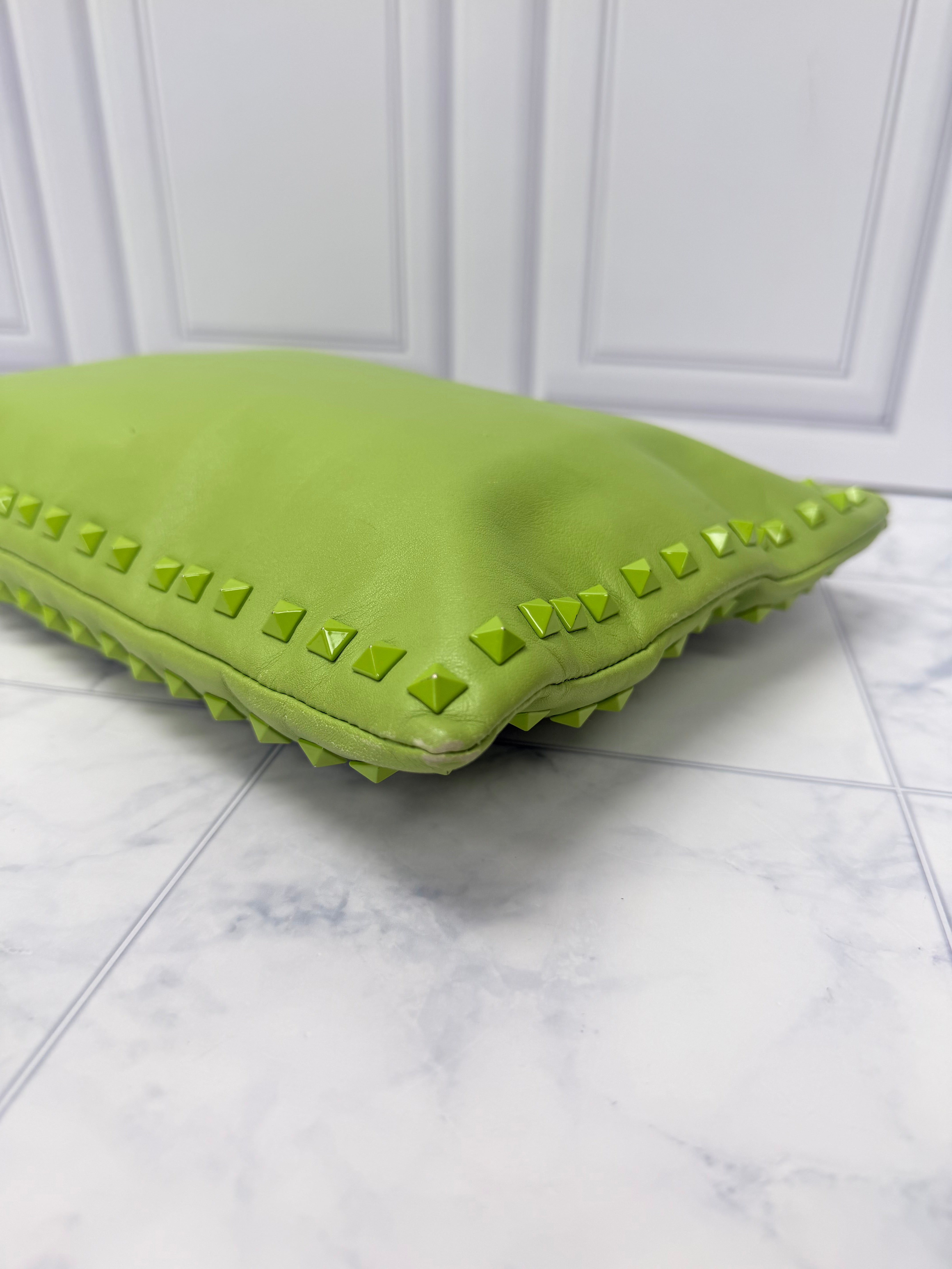 Valentino Green Leather Large Rockstud Clutch
