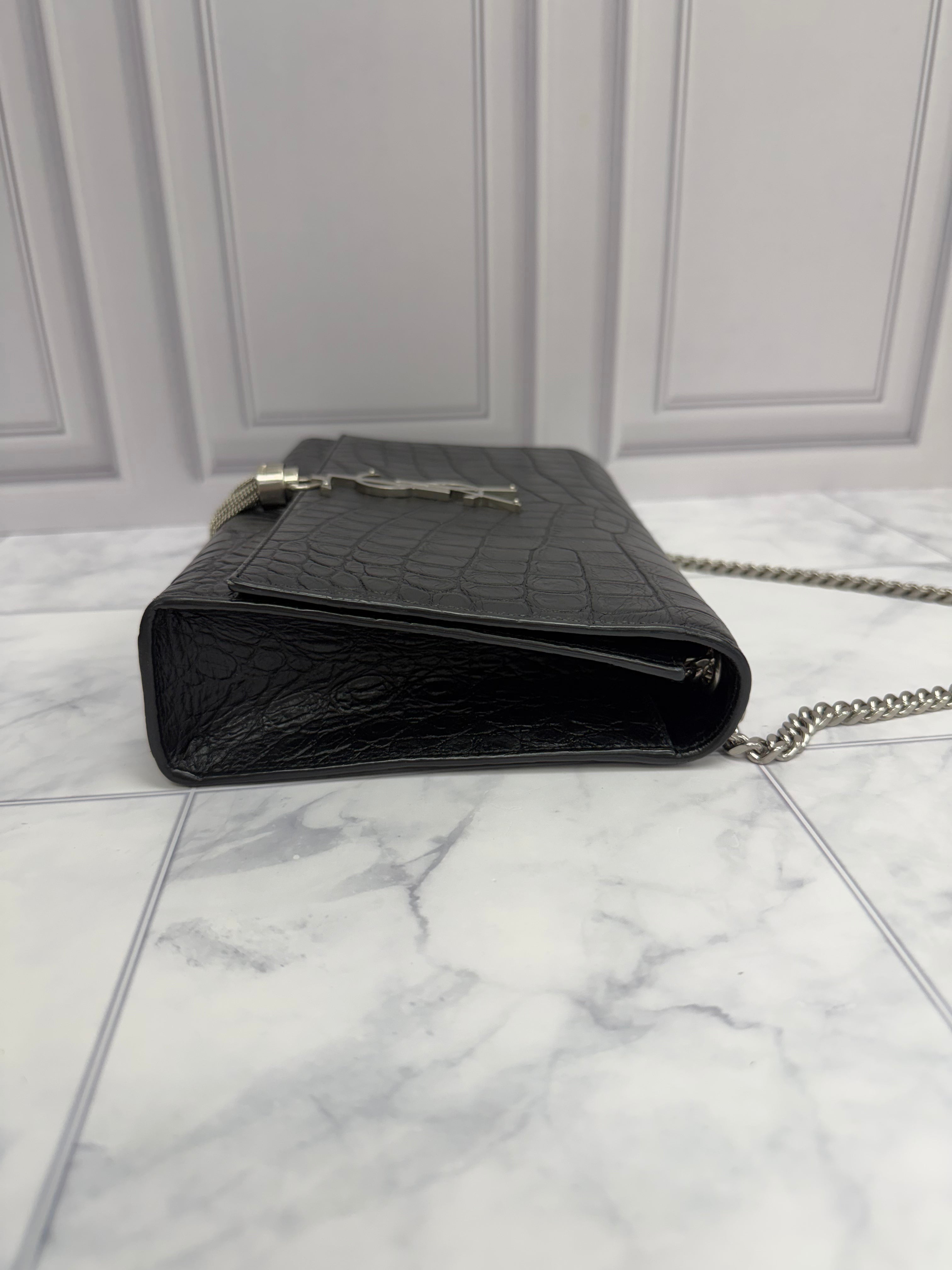 *DONS DROP* Saint Laurent YSL Black Croc Embossed Leather Kate Shoulder Bag