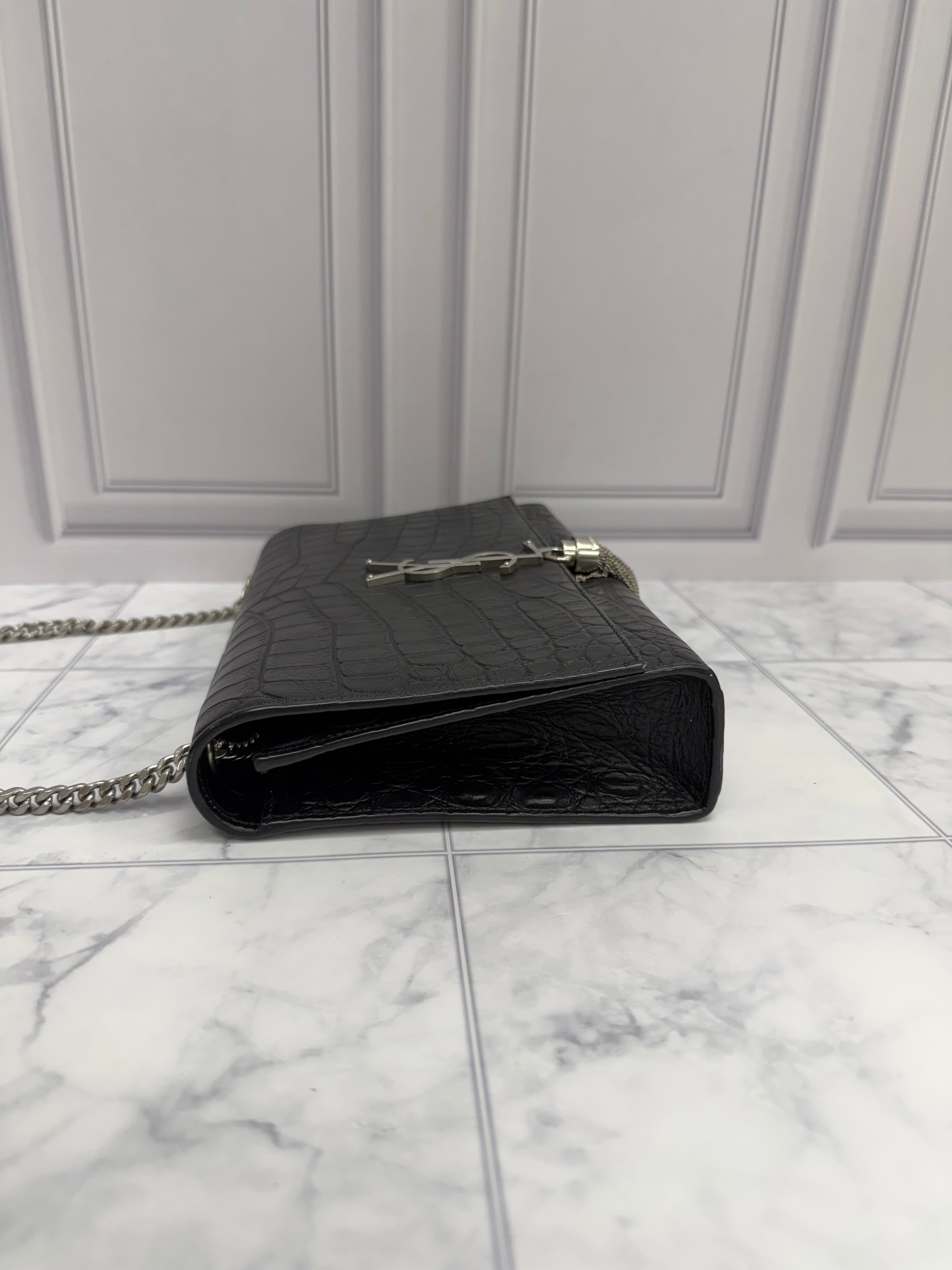 *DONS DROP* Saint Laurent YSL Black Croc Embossed Leather Kate Shoulder Bag