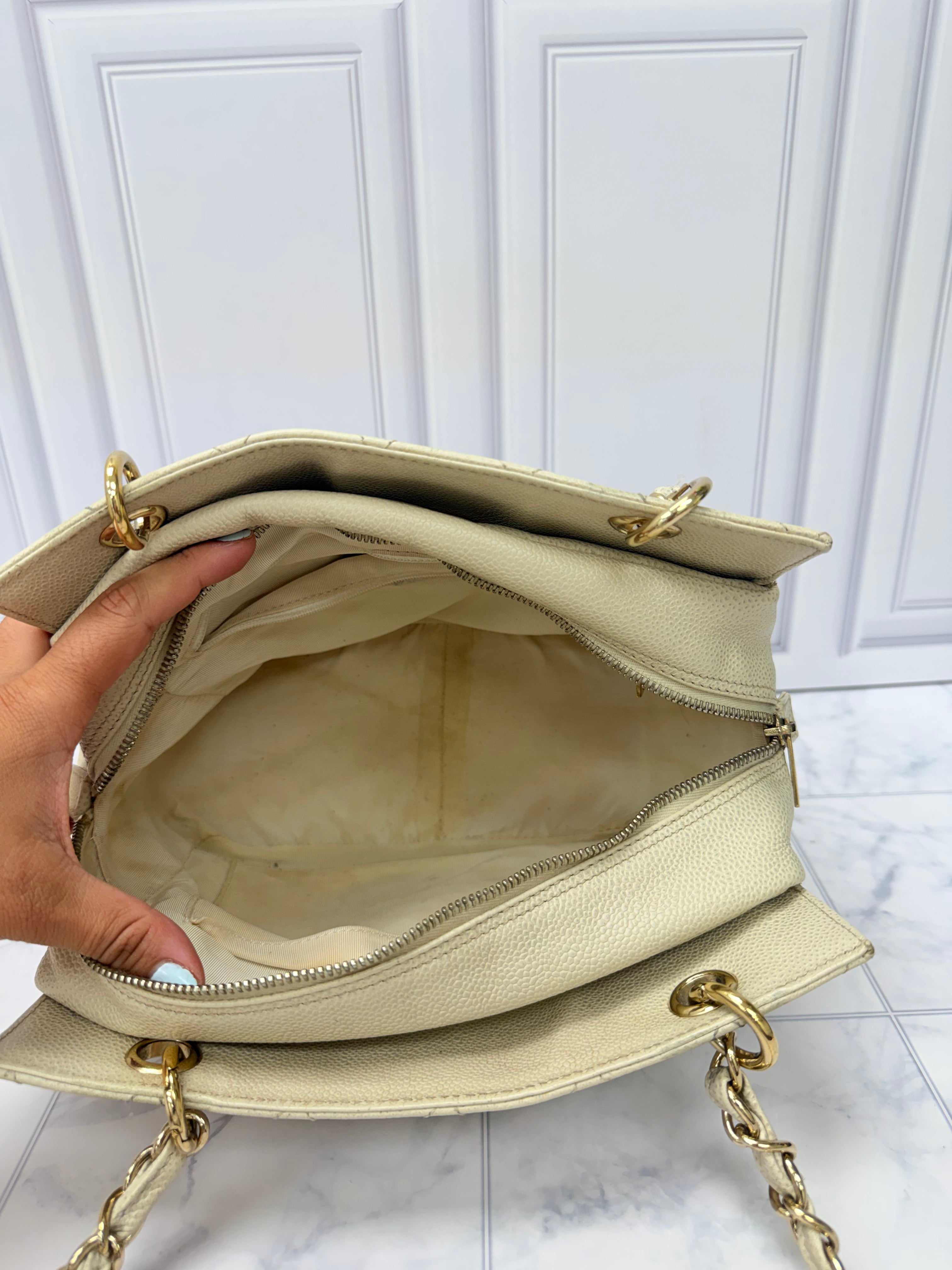 Chanel Cream Caviar Leather Petite Shopping Tote