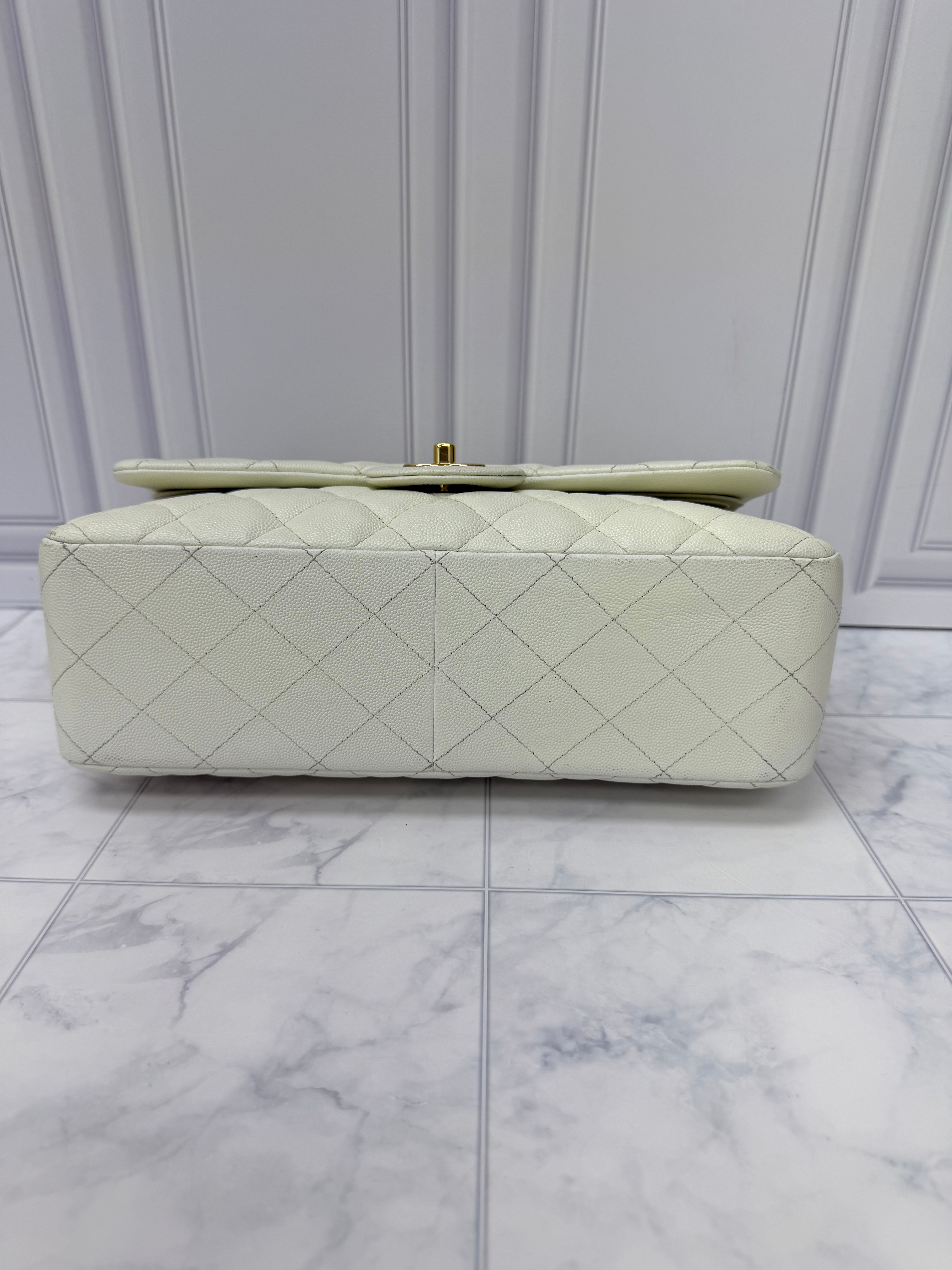 Chanel White Caviar Leather Jumbo Classic Flap Bag