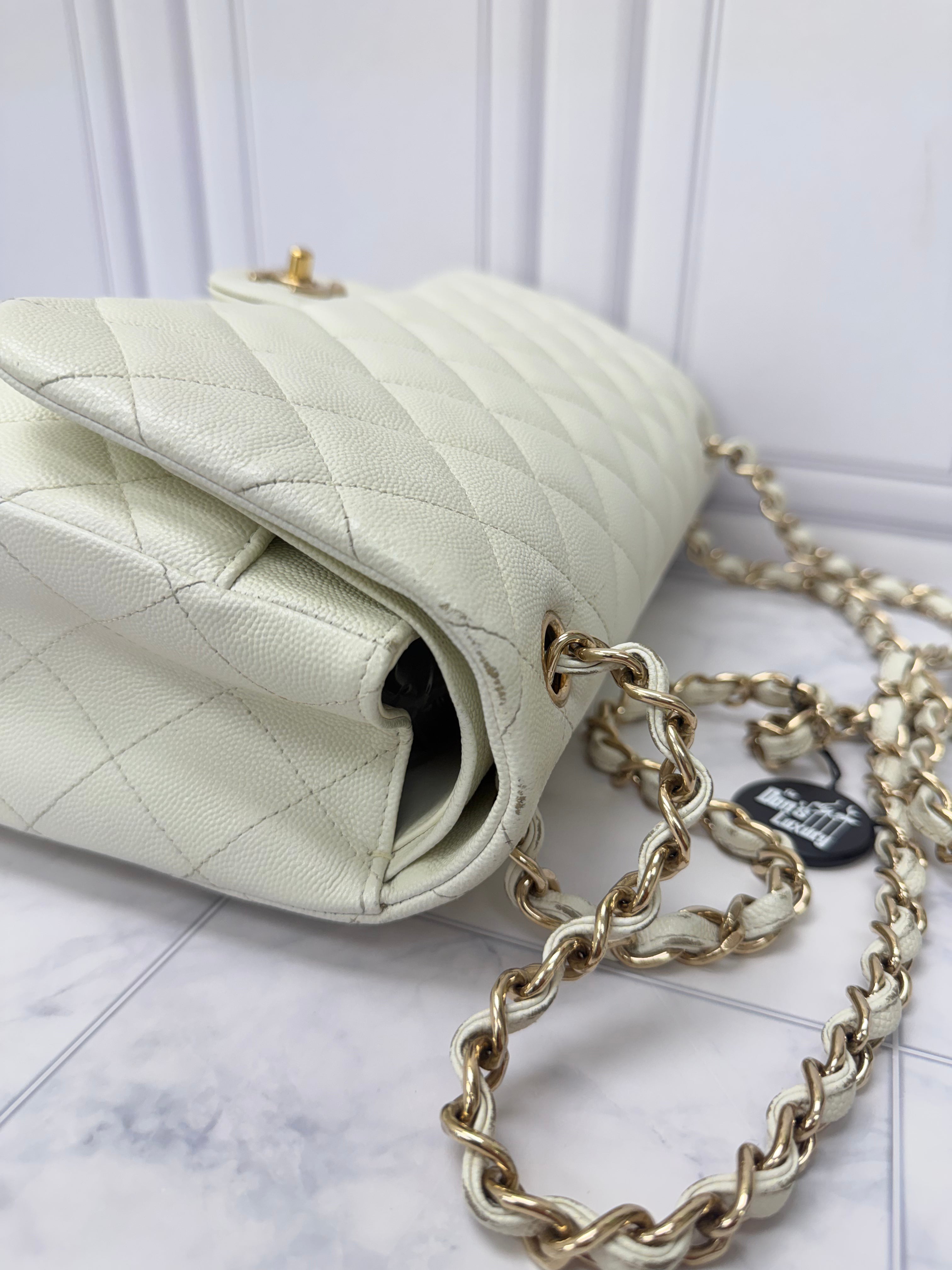 Chanel White Caviar Leather Jumbo Classic Flap Bag