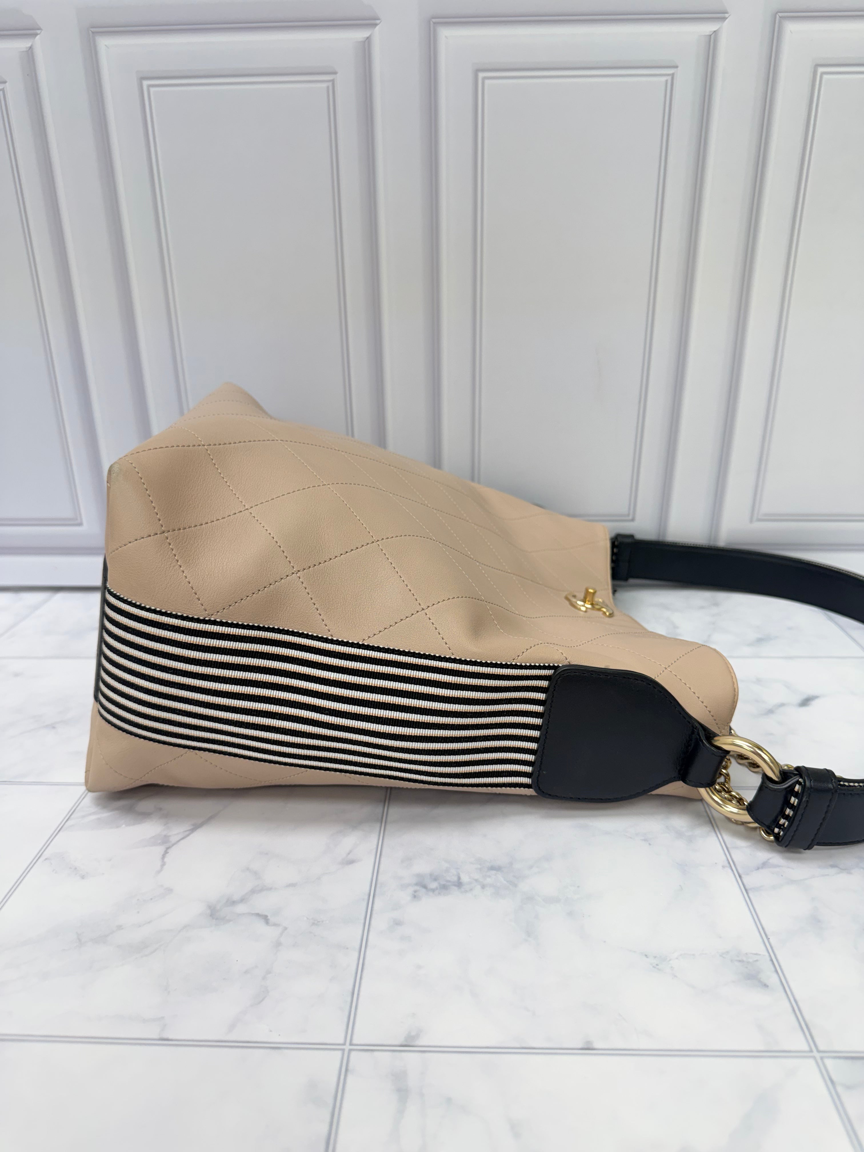 Chanel Beige Quilted Leather Button Up Hobo Bag