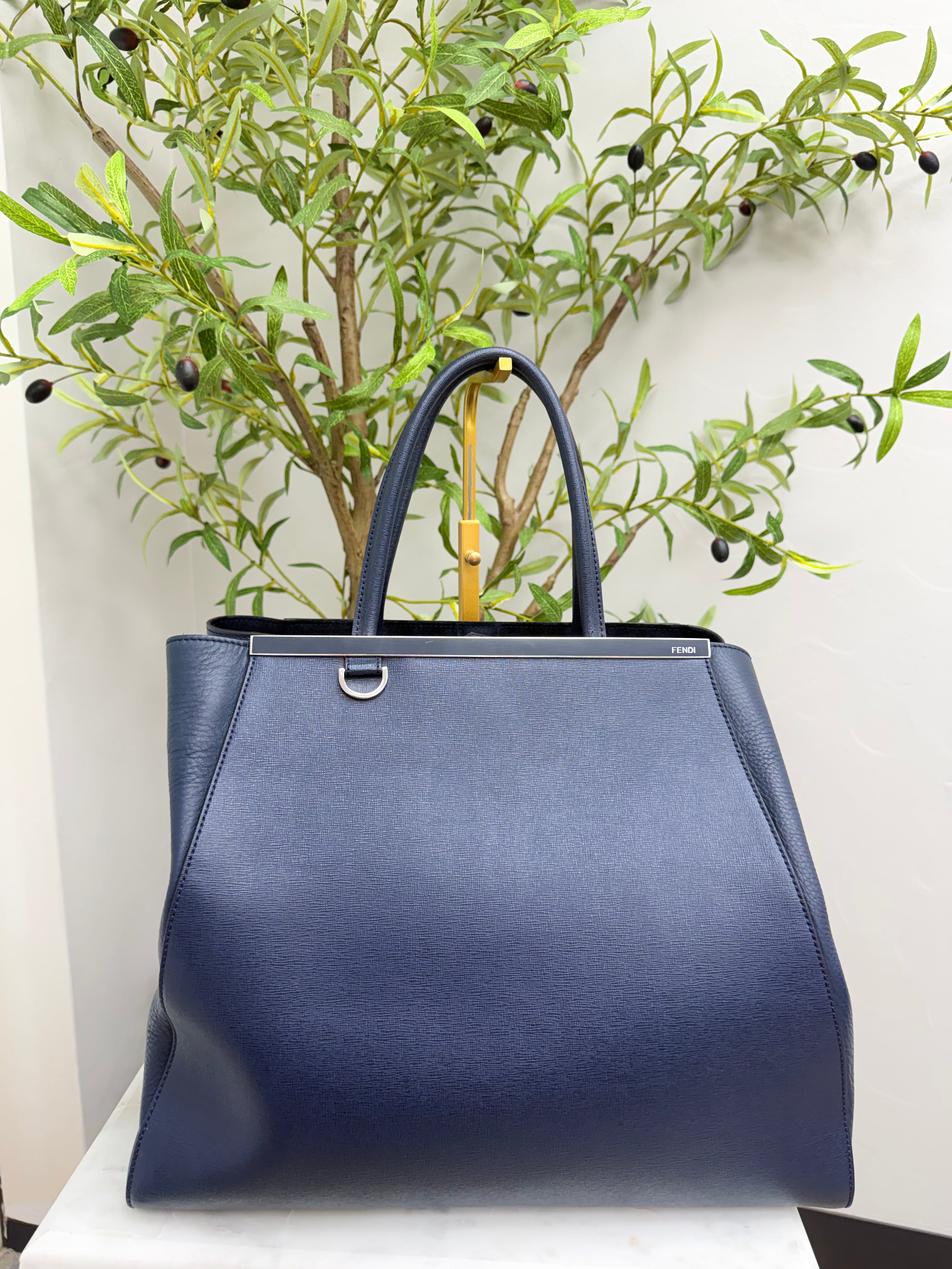 Fendi Blue Grained Leather Tote Bag