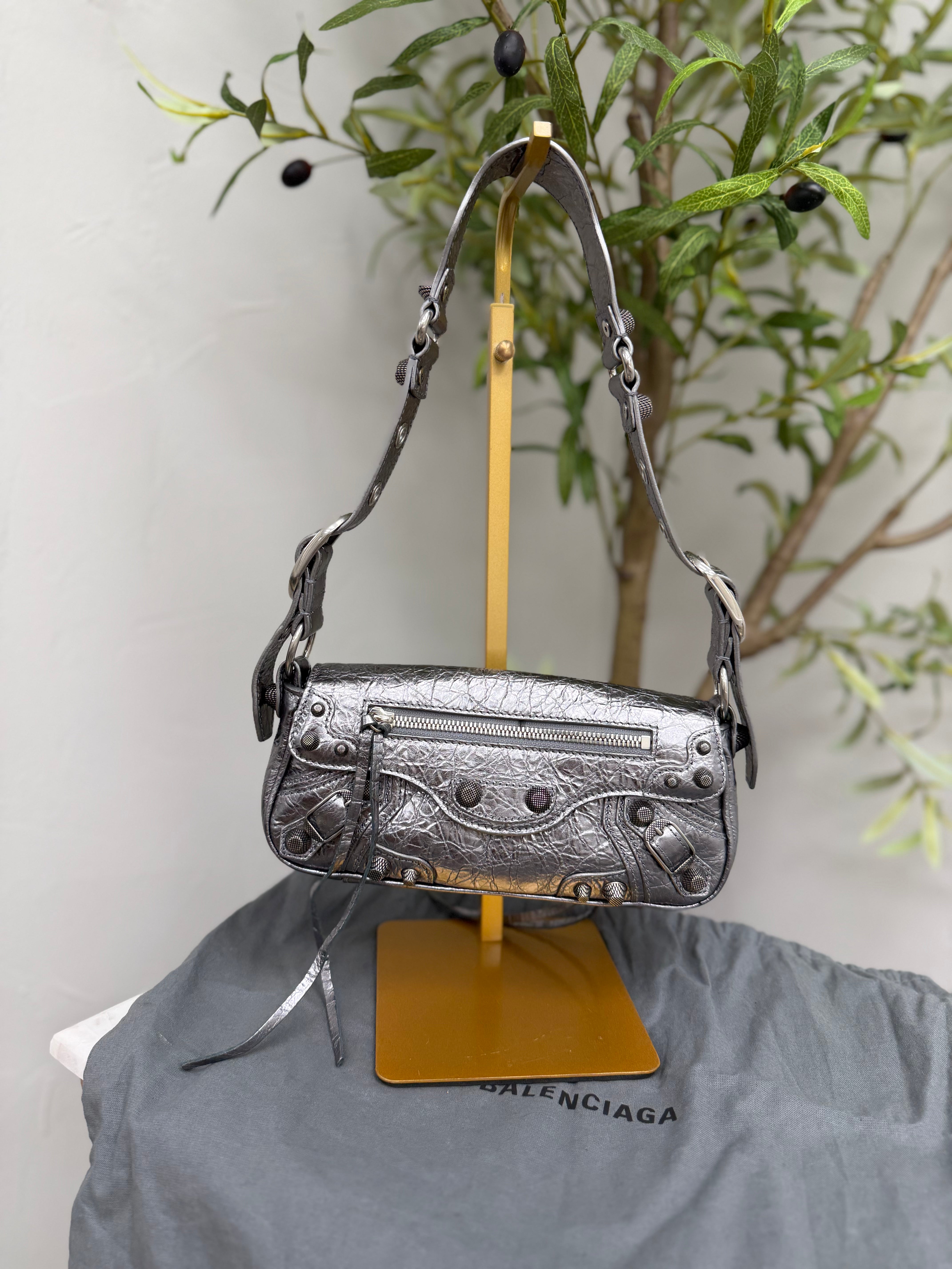 Balenciaga Metallic Silver Leather Le Cagole Sling Bag